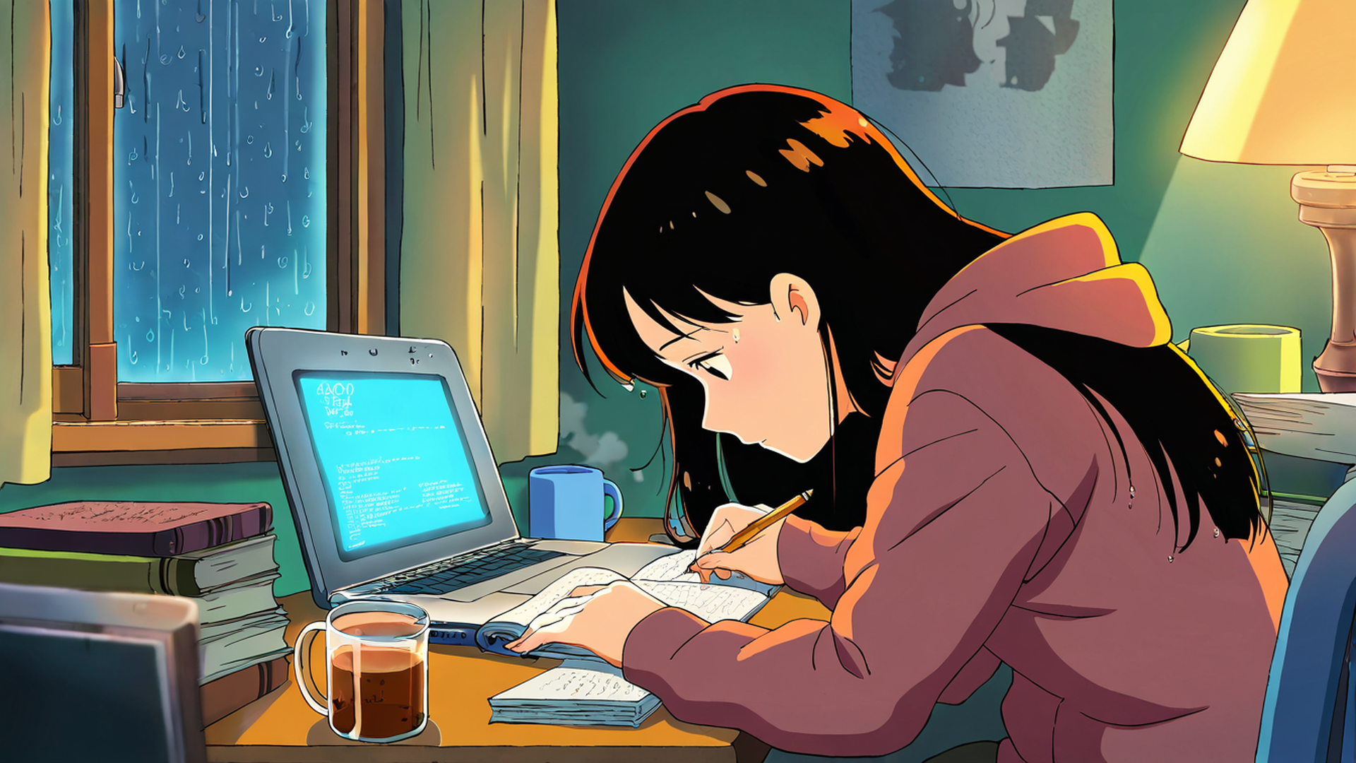 girl studying rainy window lofi wallpaper