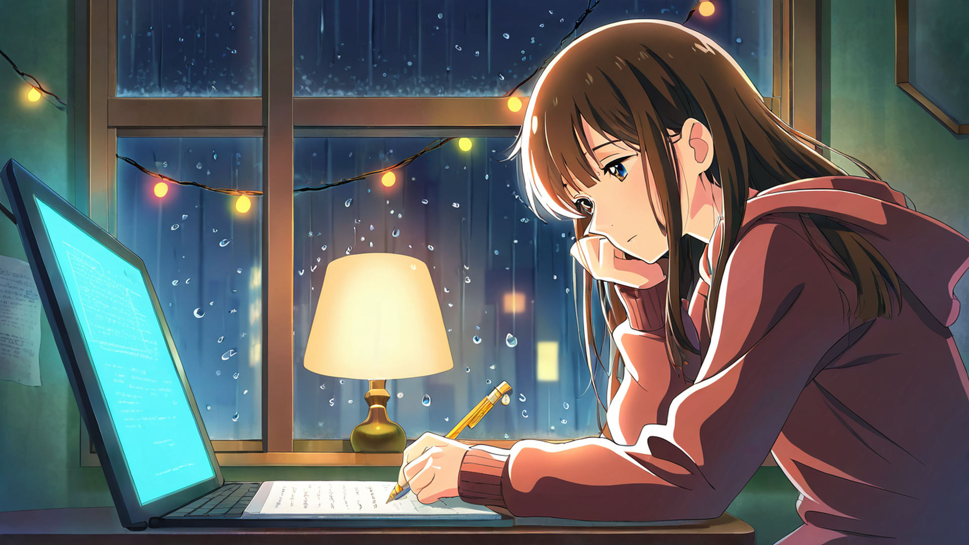 girl studying rainy window lofi wallpaper