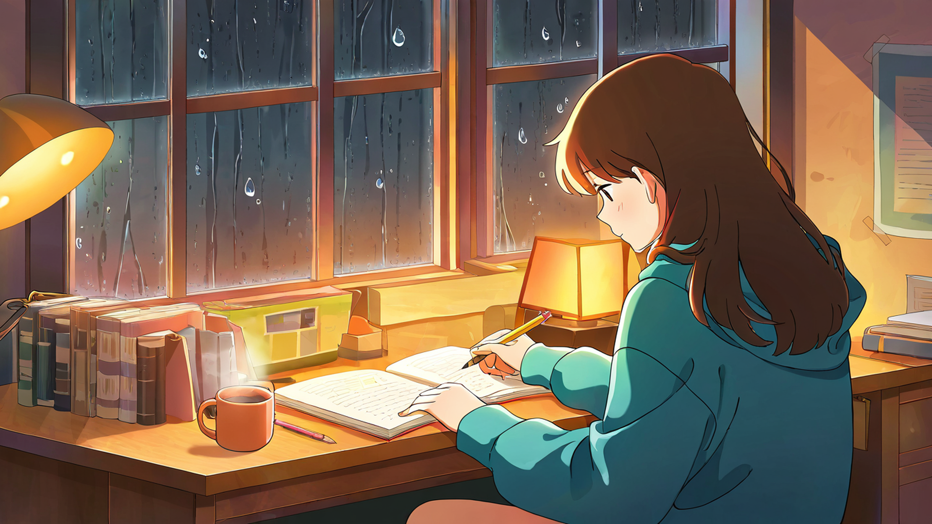 Girl Studying Rainy Window Girl Studying Rainy Window 1418620109 lofi anime wallpaper free download