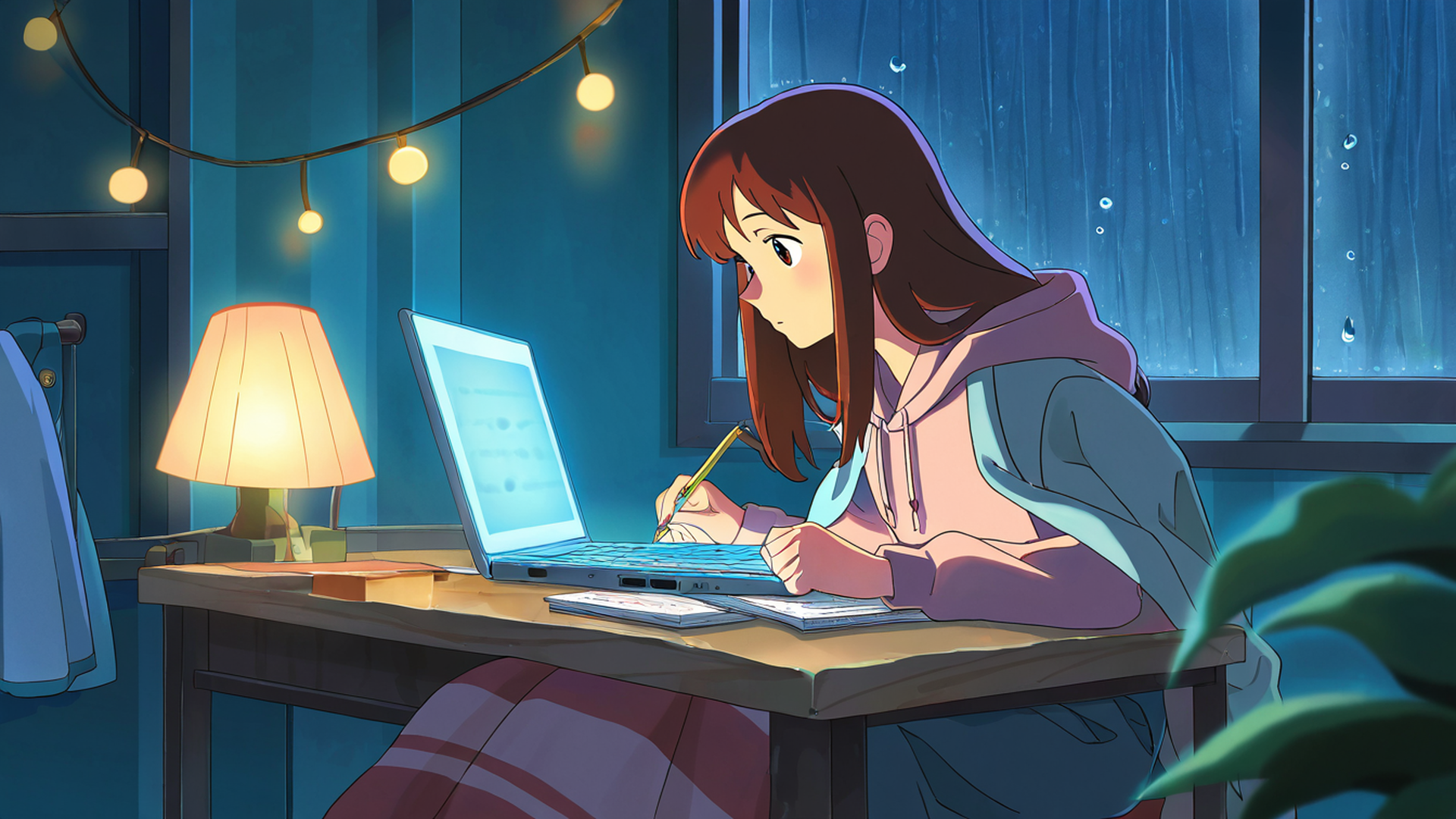girl studying rainy window lofi wallpaper