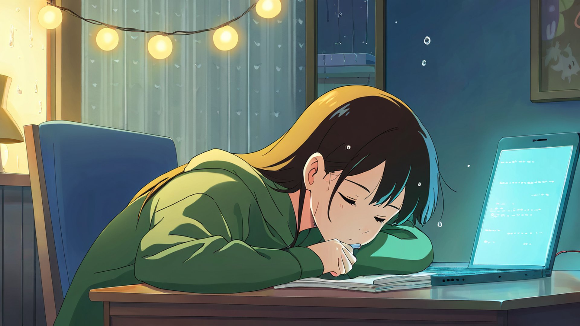 girl studying rainy window lofi wallpaper