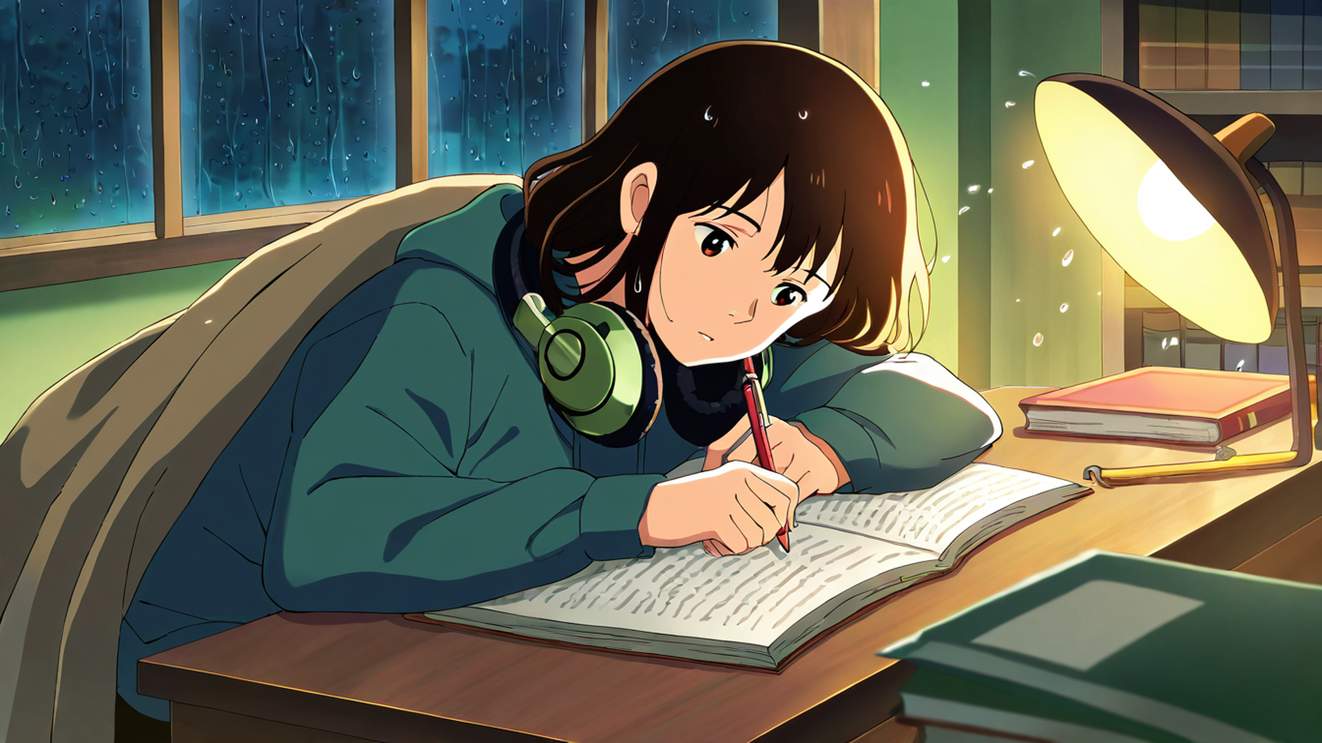 girl studying rainy window lofi wallpaper
