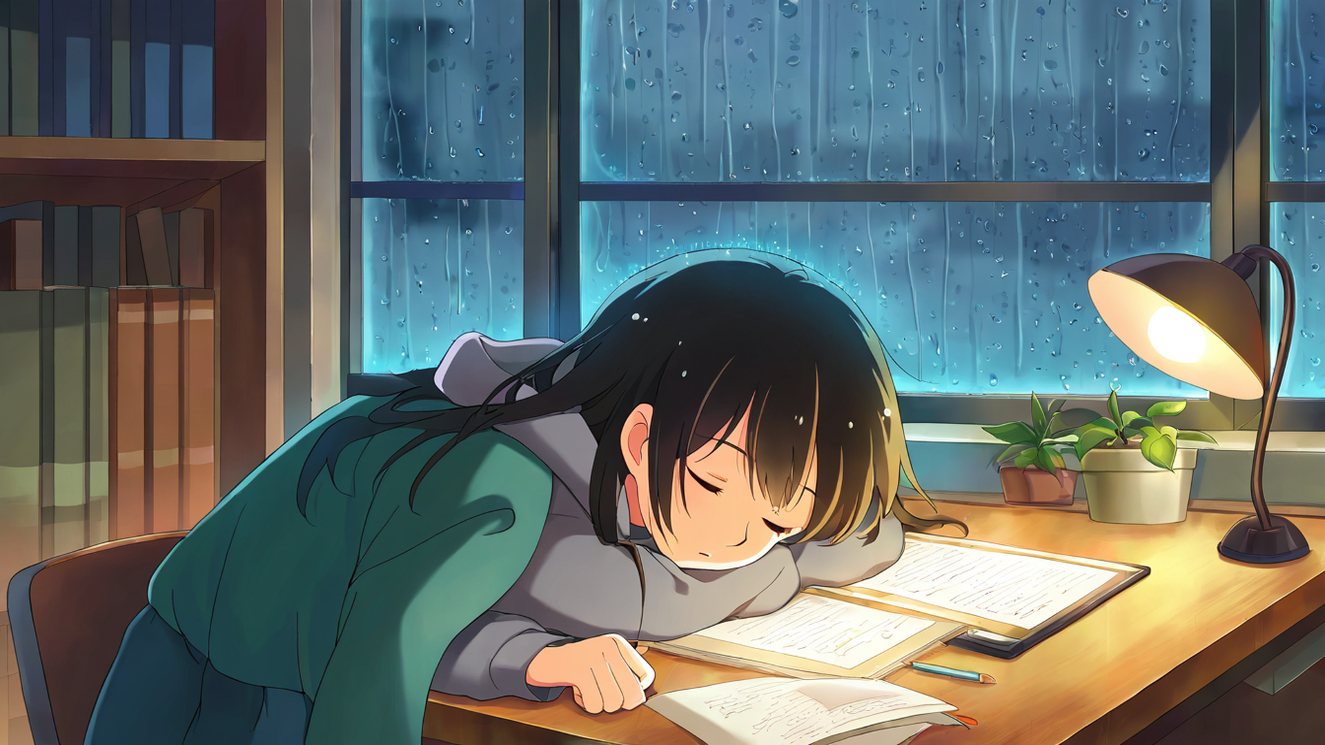 girl studying rainy window lofi wallpaper