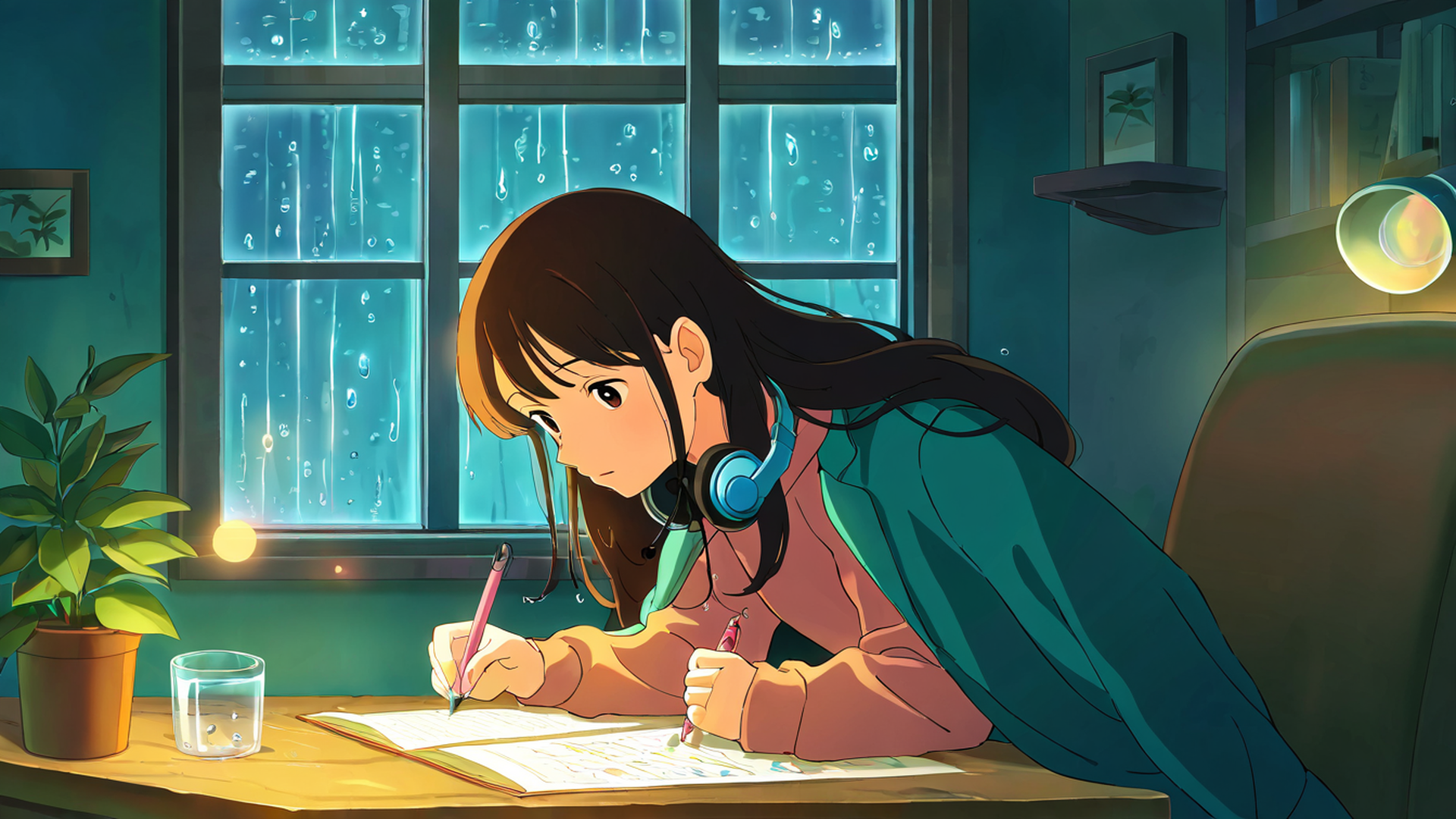 girl studying rainy window lofi wallpaper