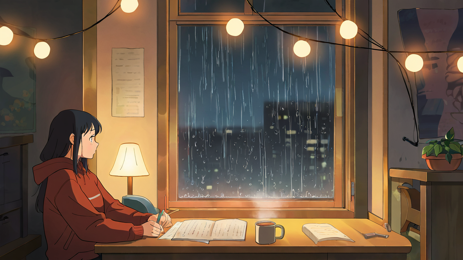 Girl Studying Rainy Window Girl Studying Rainy Window 1493048716 lofi anime wallpaper free download