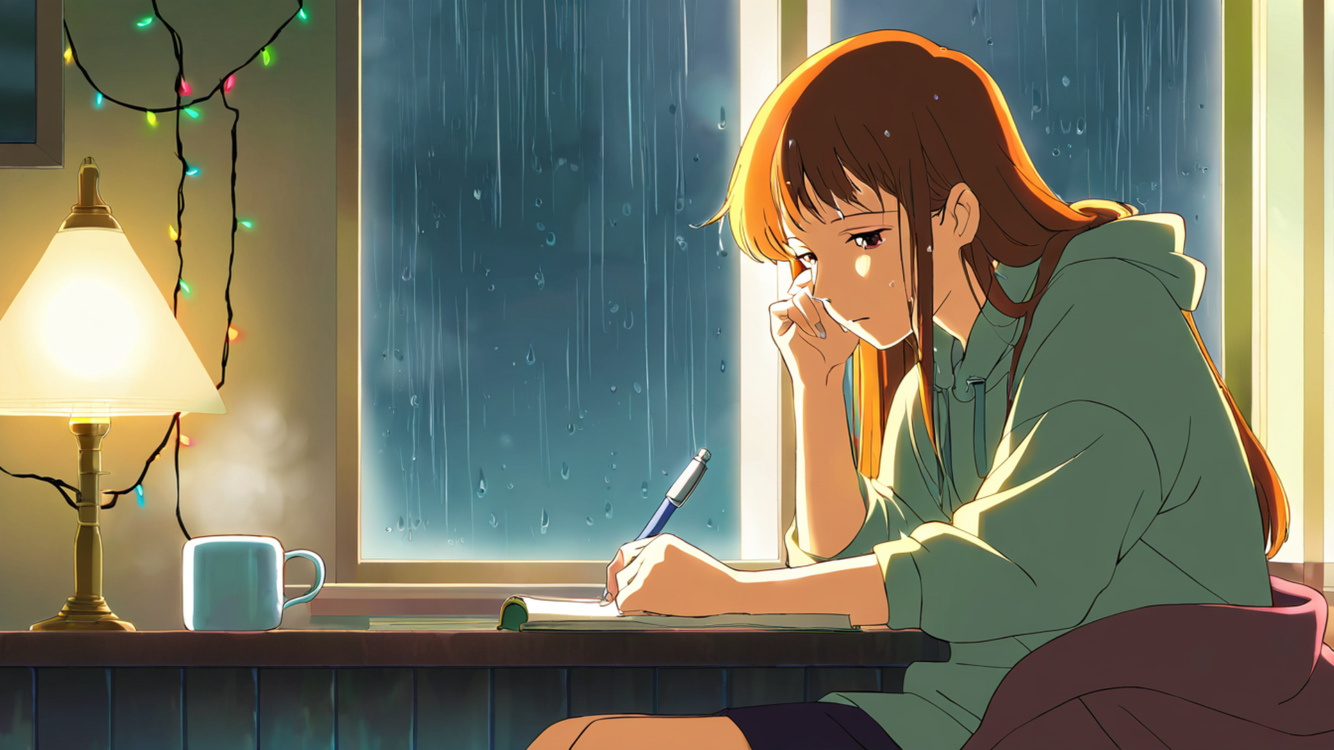 girl studying rainy window lofi wallpaper