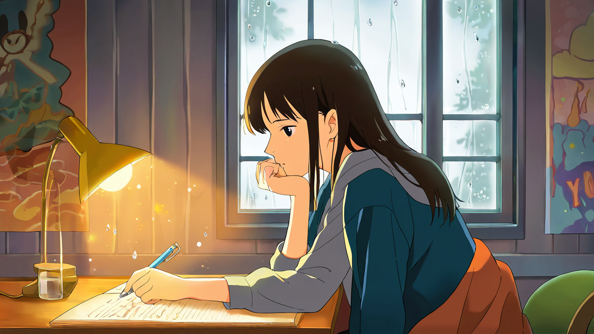 girl studying rainy window lofi wallpaper