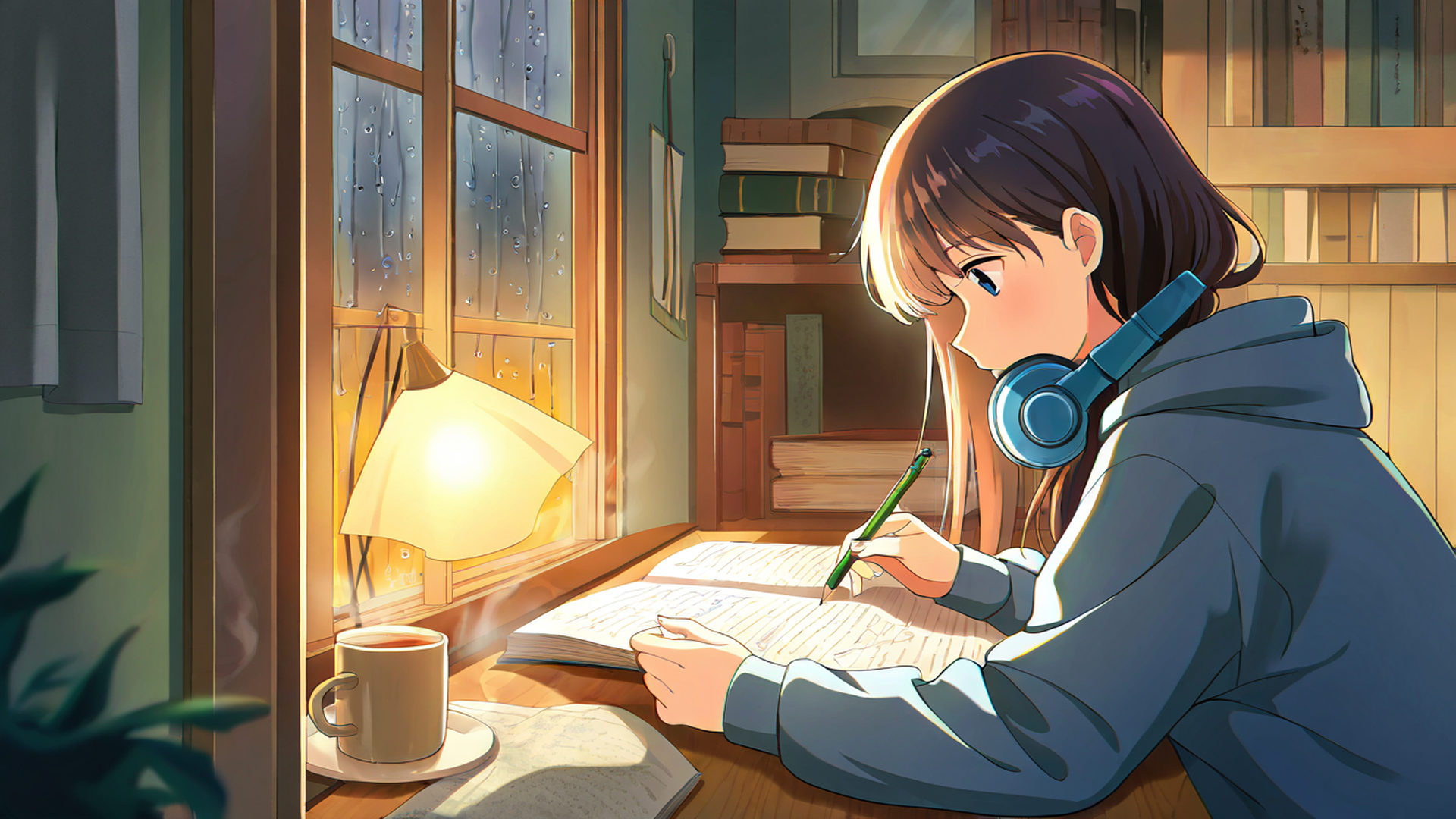 girl studying rainy window lofi wallpaper