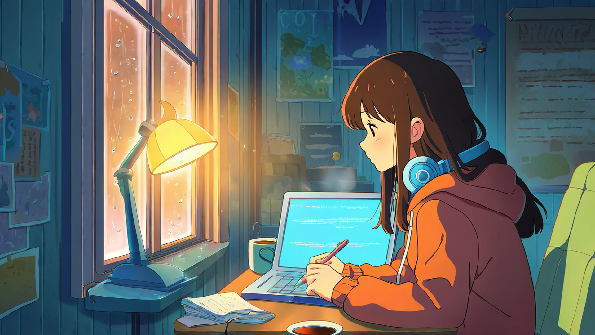 Girl Studying Rainy Window Girl Studying Rainy Window 1515537182 lofi anime wallpaper free download