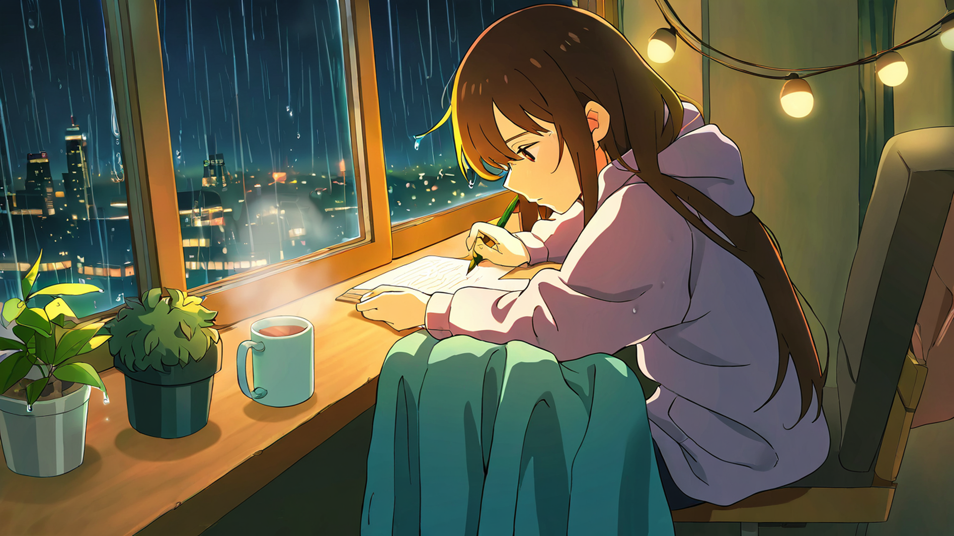 girl studying rainy window lofi wallpaper