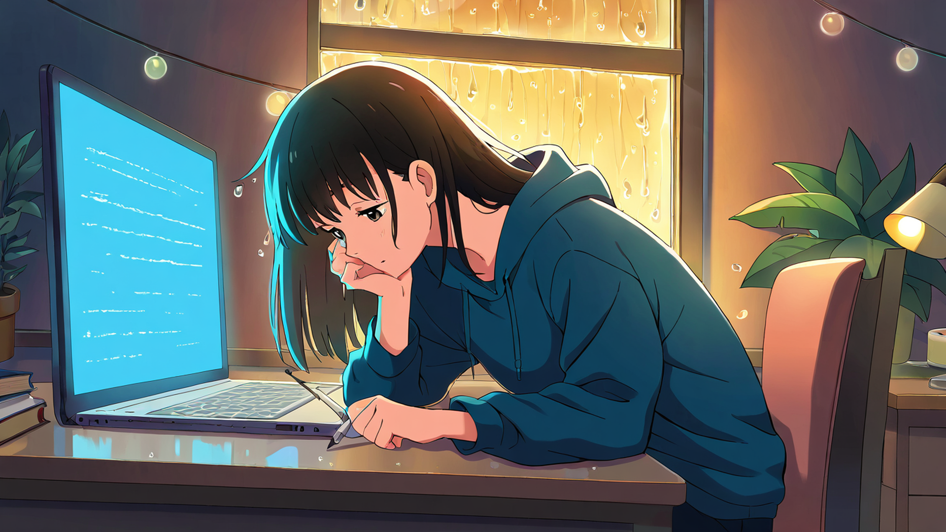 girl studying rainy window lofi wallpaper