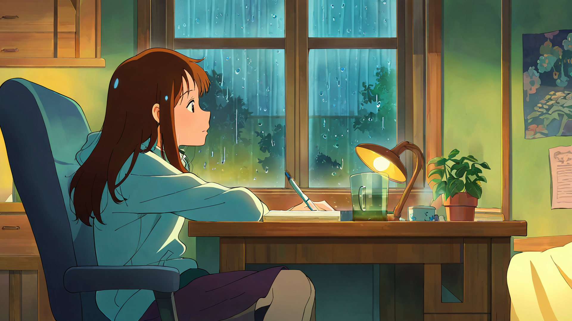 girl studying rainy window lofi wallpaper