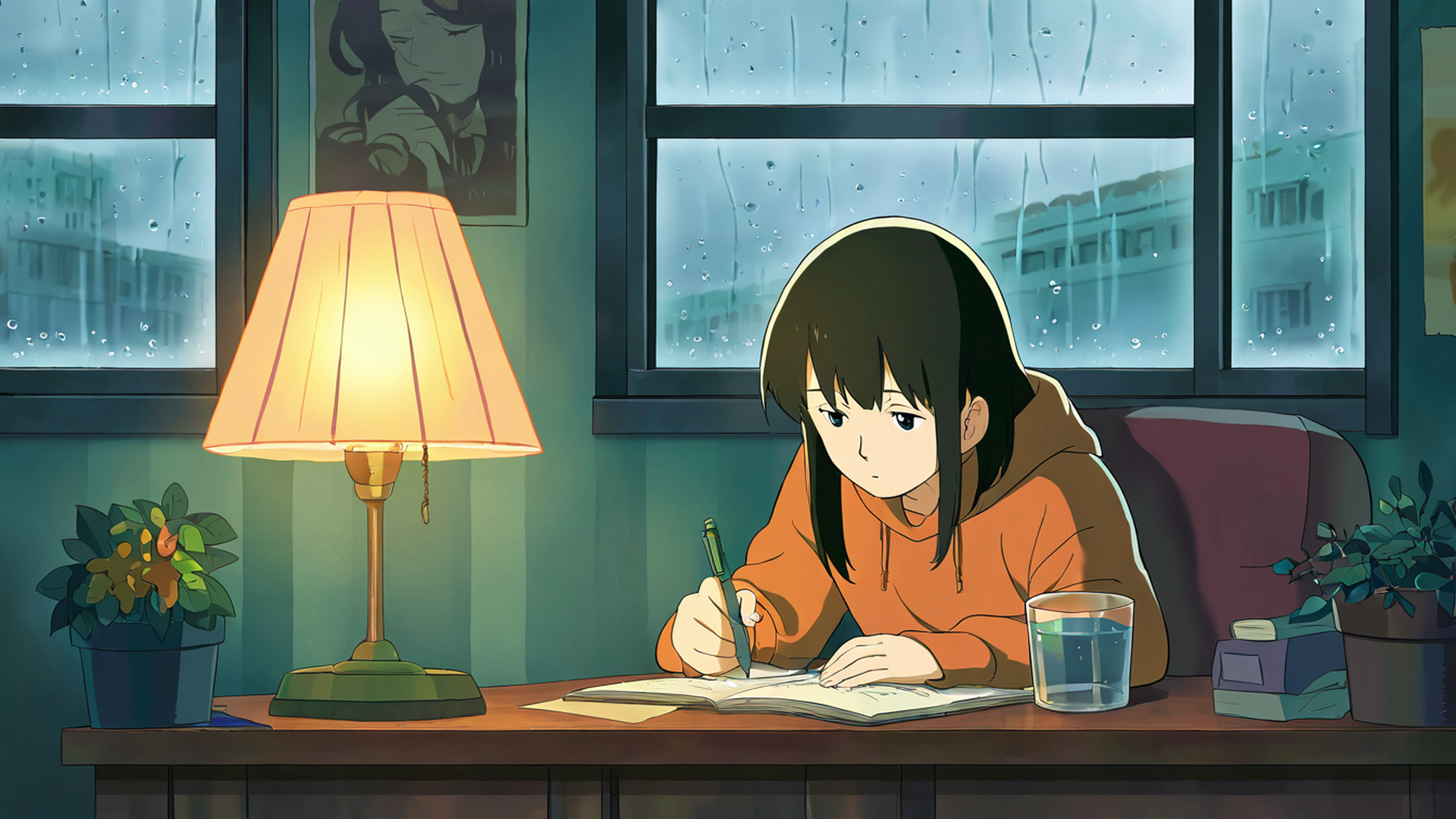 girl studying rainy window lofi wallpaper