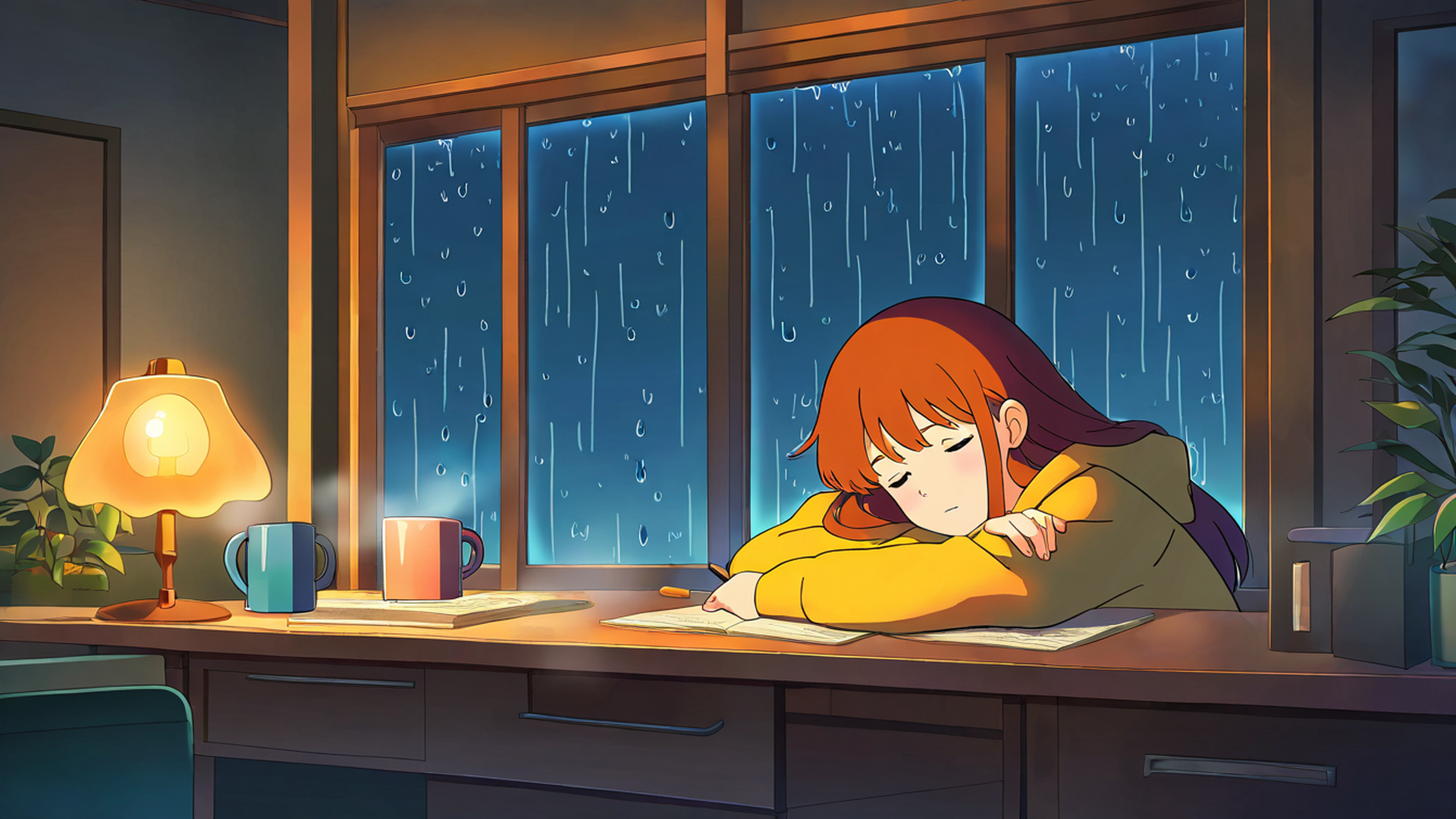 girl studying rainy window lofi wallpaper