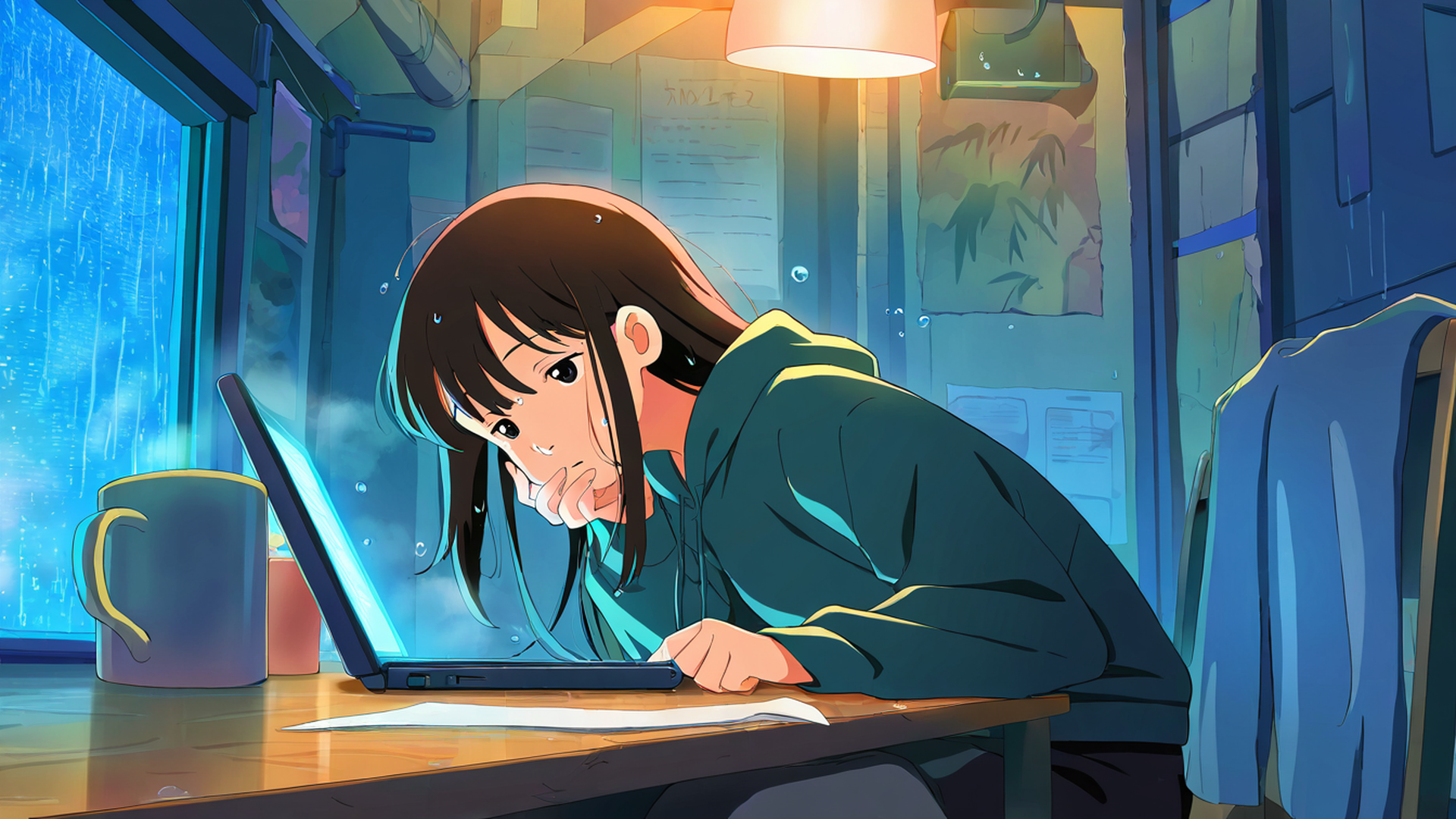 girl studying rainy window lofi wallpaper