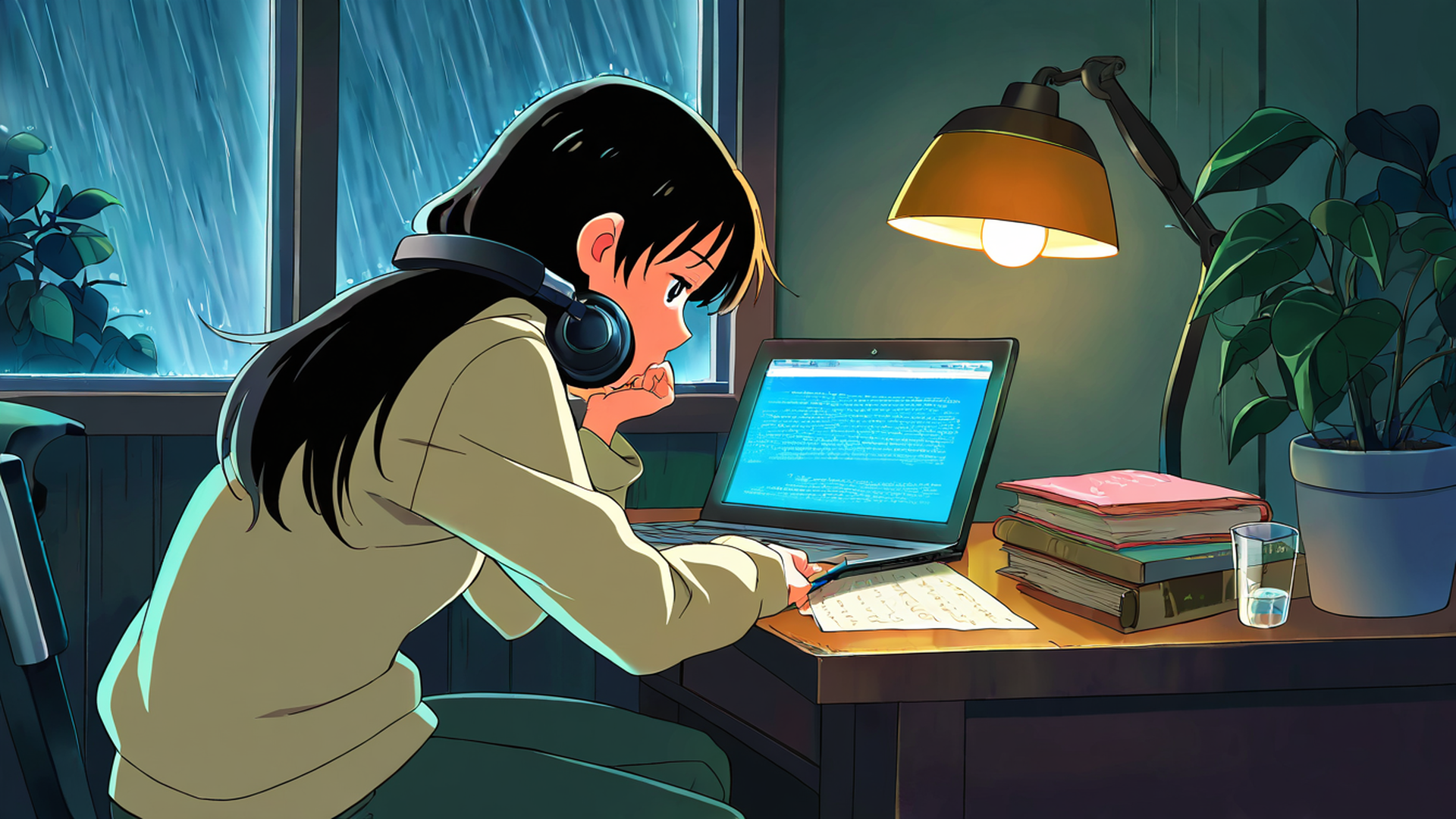 girl studying rainy window lofi wallpaper