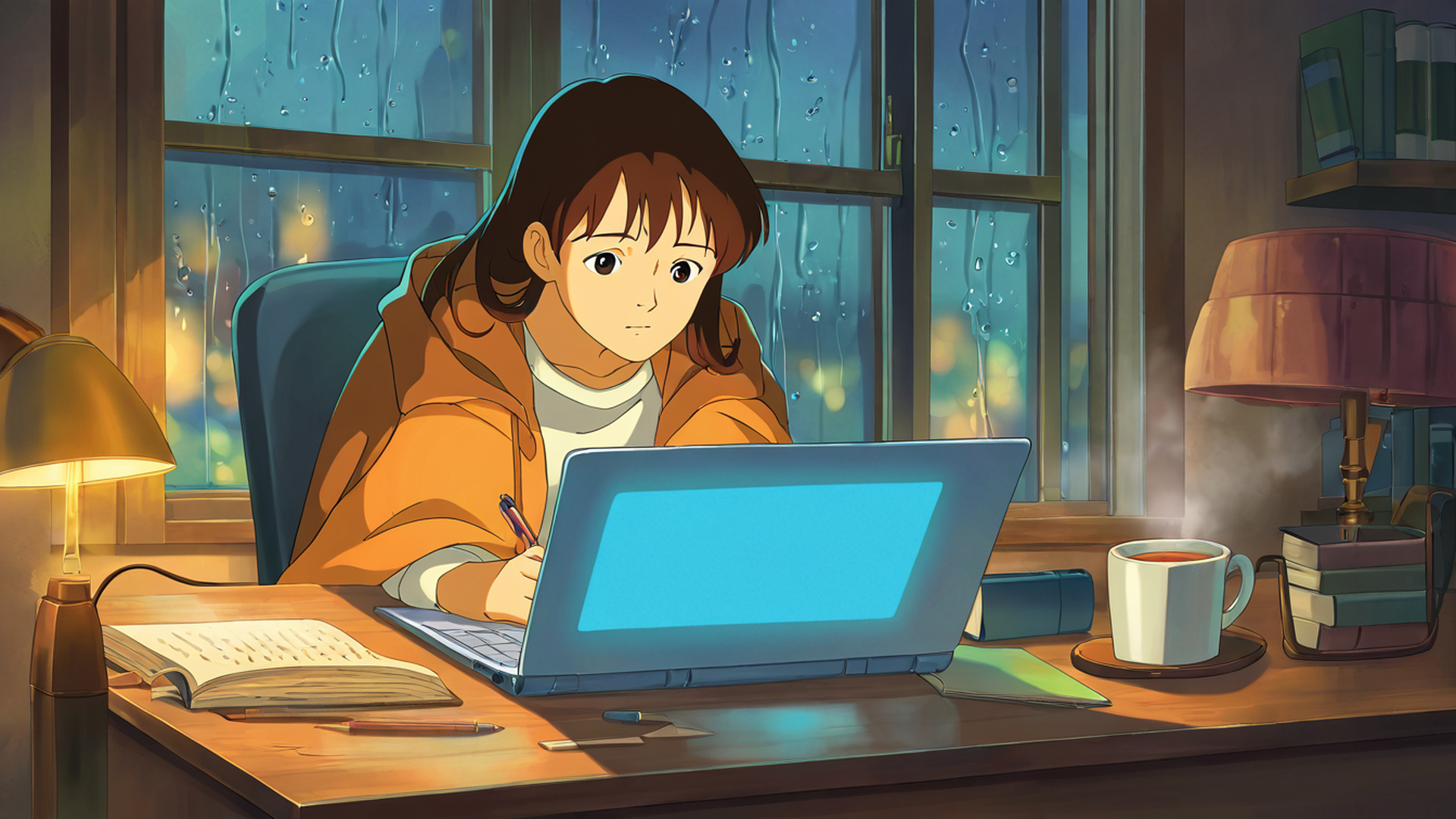girl studying rainy window lofi wallpaper