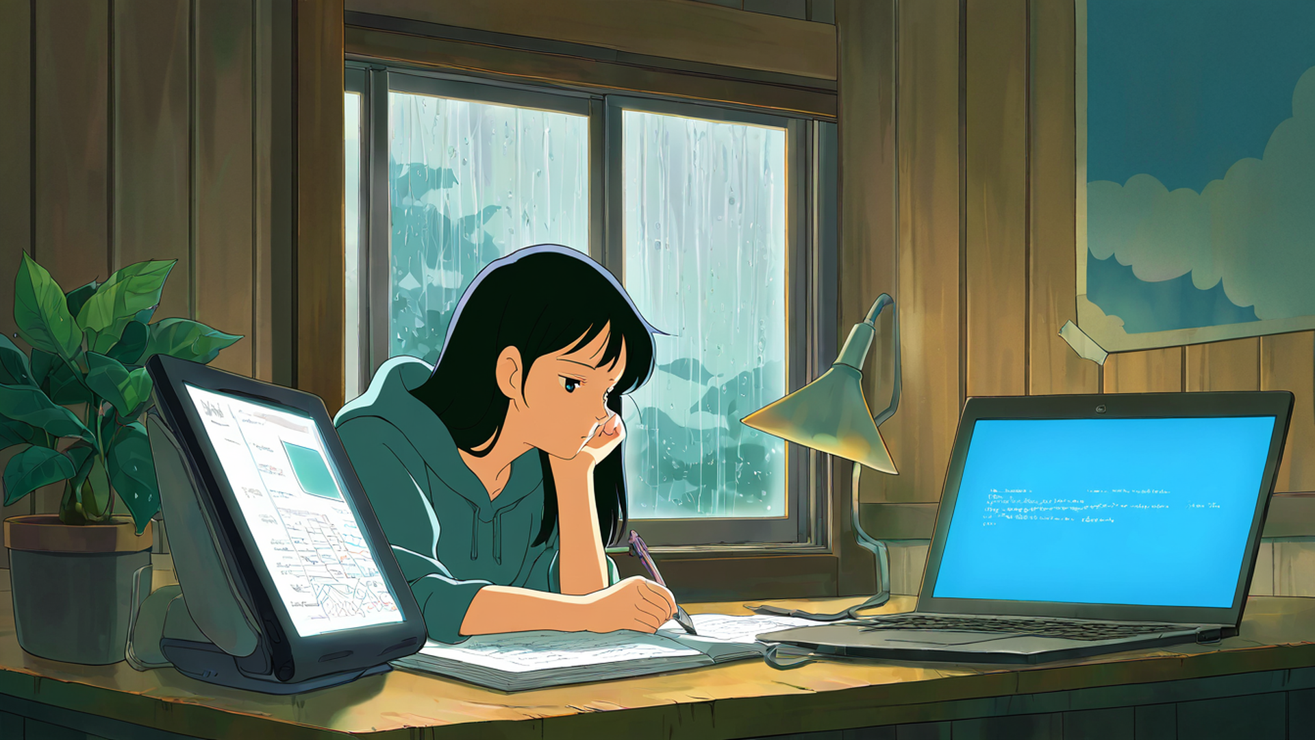 girl studying rainy window lofi wallpaper