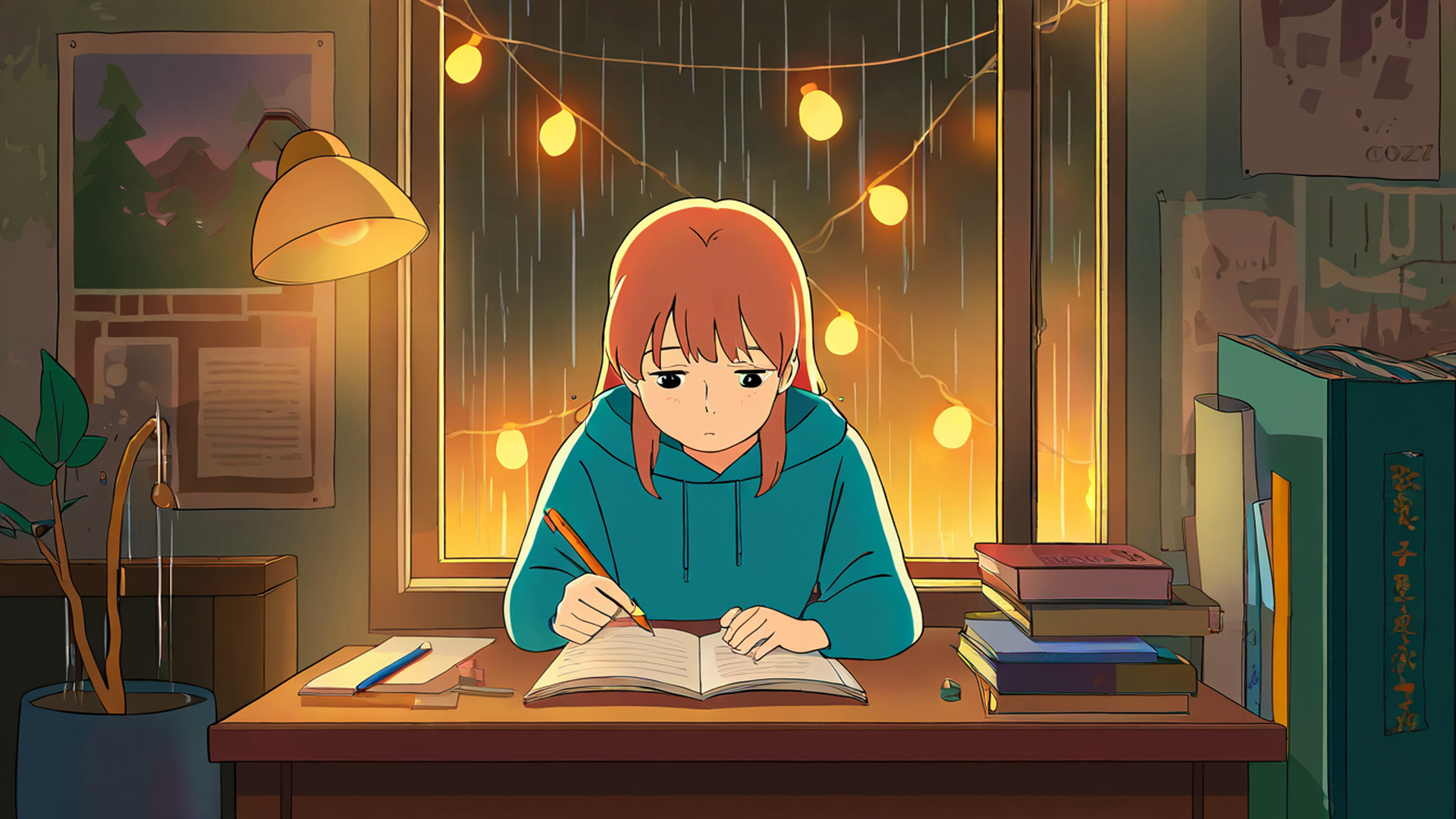 girl studying rainy window lofi wallpaper