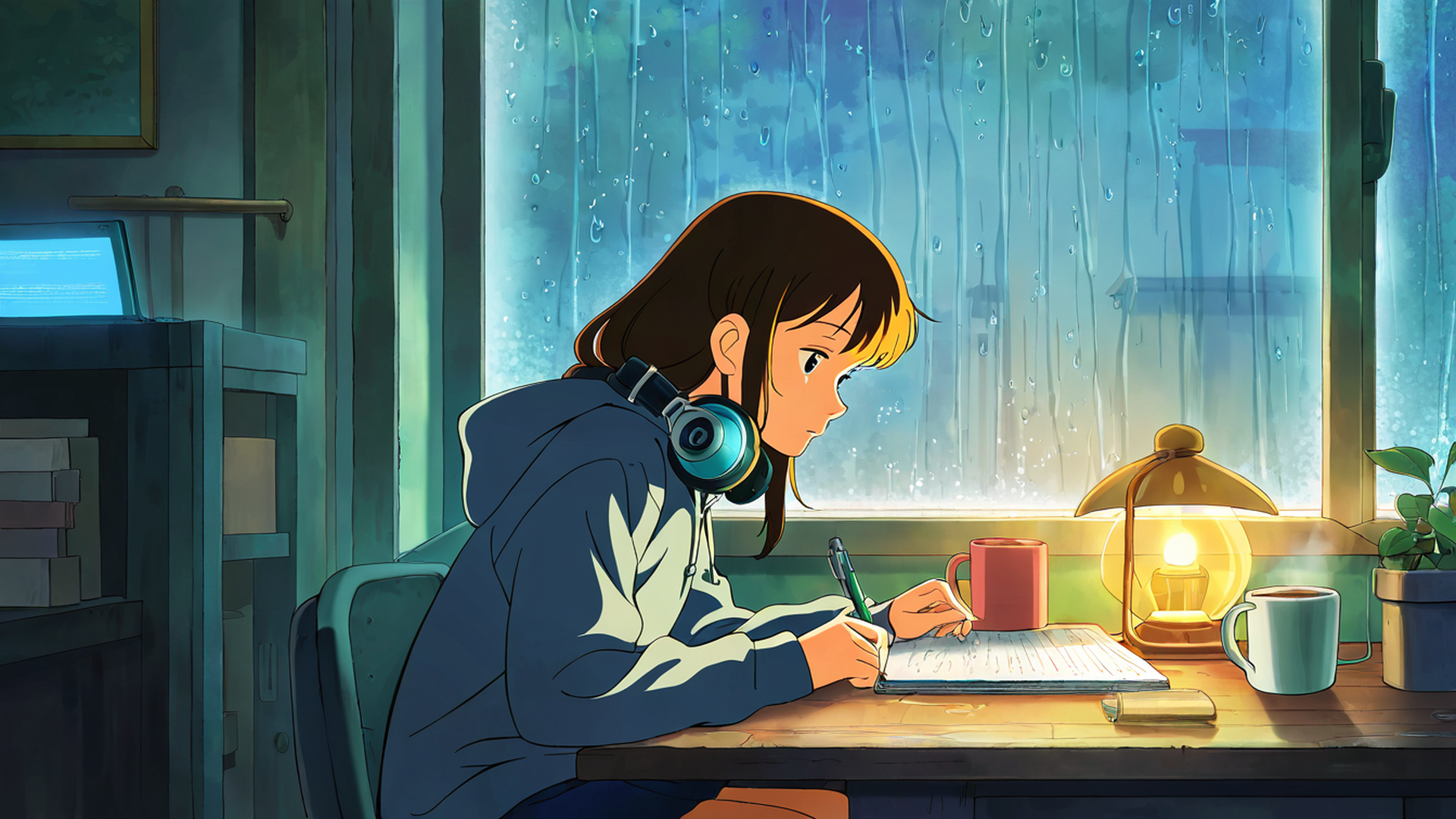 girl studying rainy window lofi wallpaper