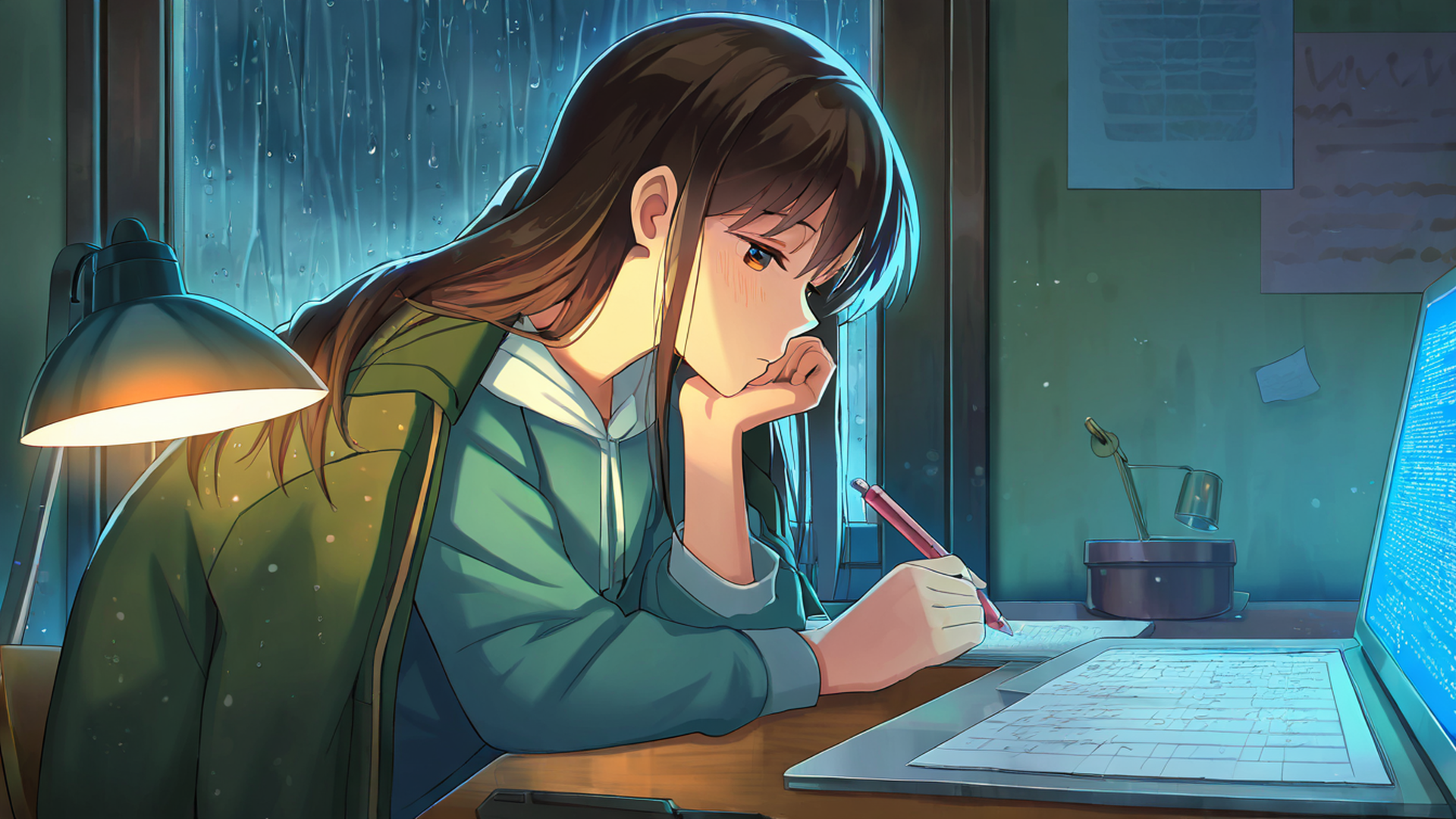 girl studying rainy window lofi wallpaper