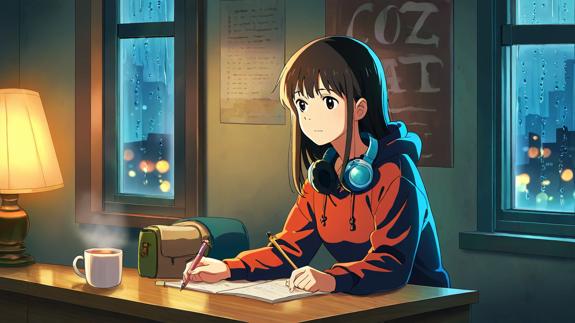 girl studying rainy window lofi wallpaper