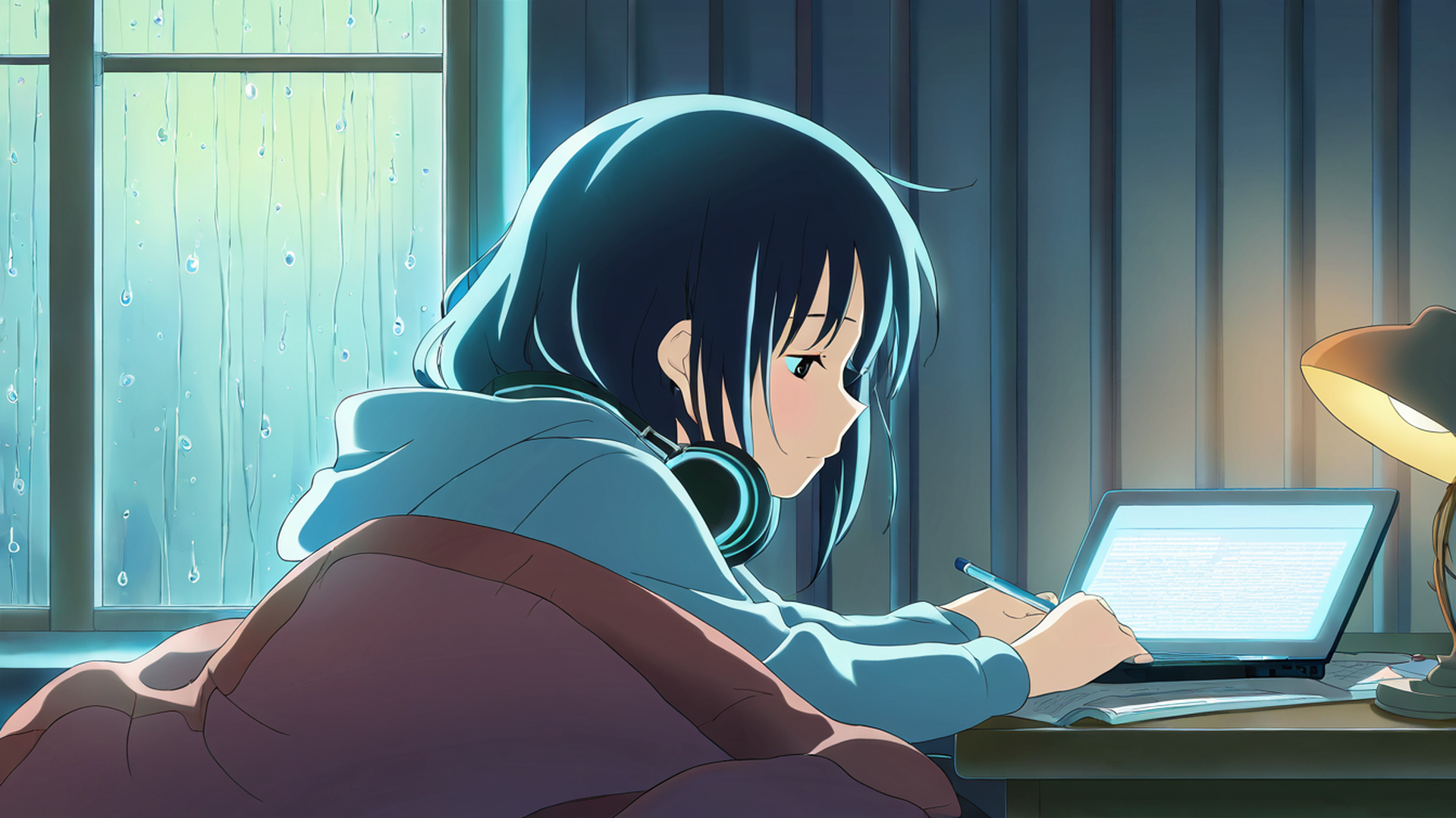 girl studying rainy window lofi wallpaper