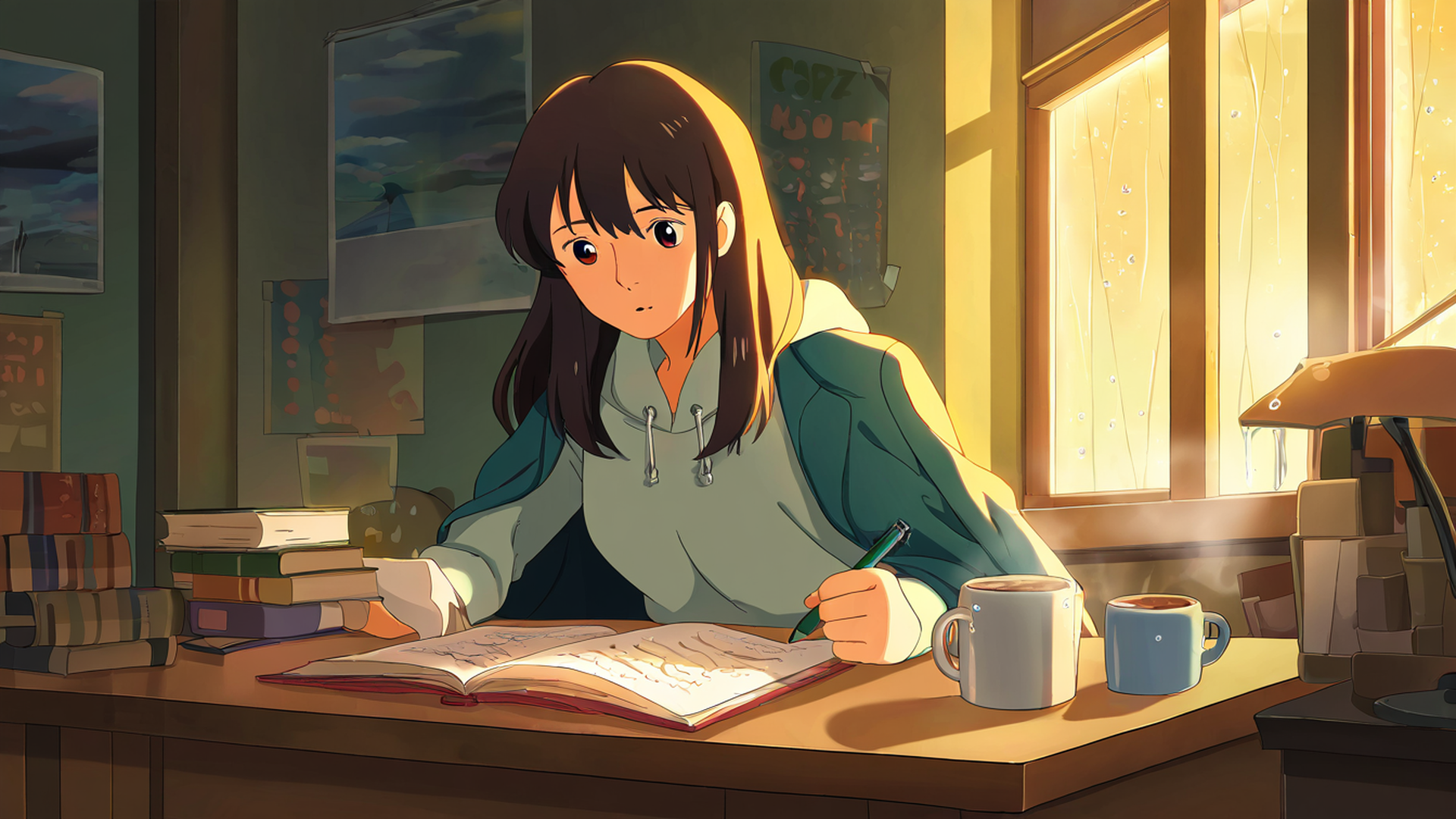 girl studying rainy window lofi wallpaper