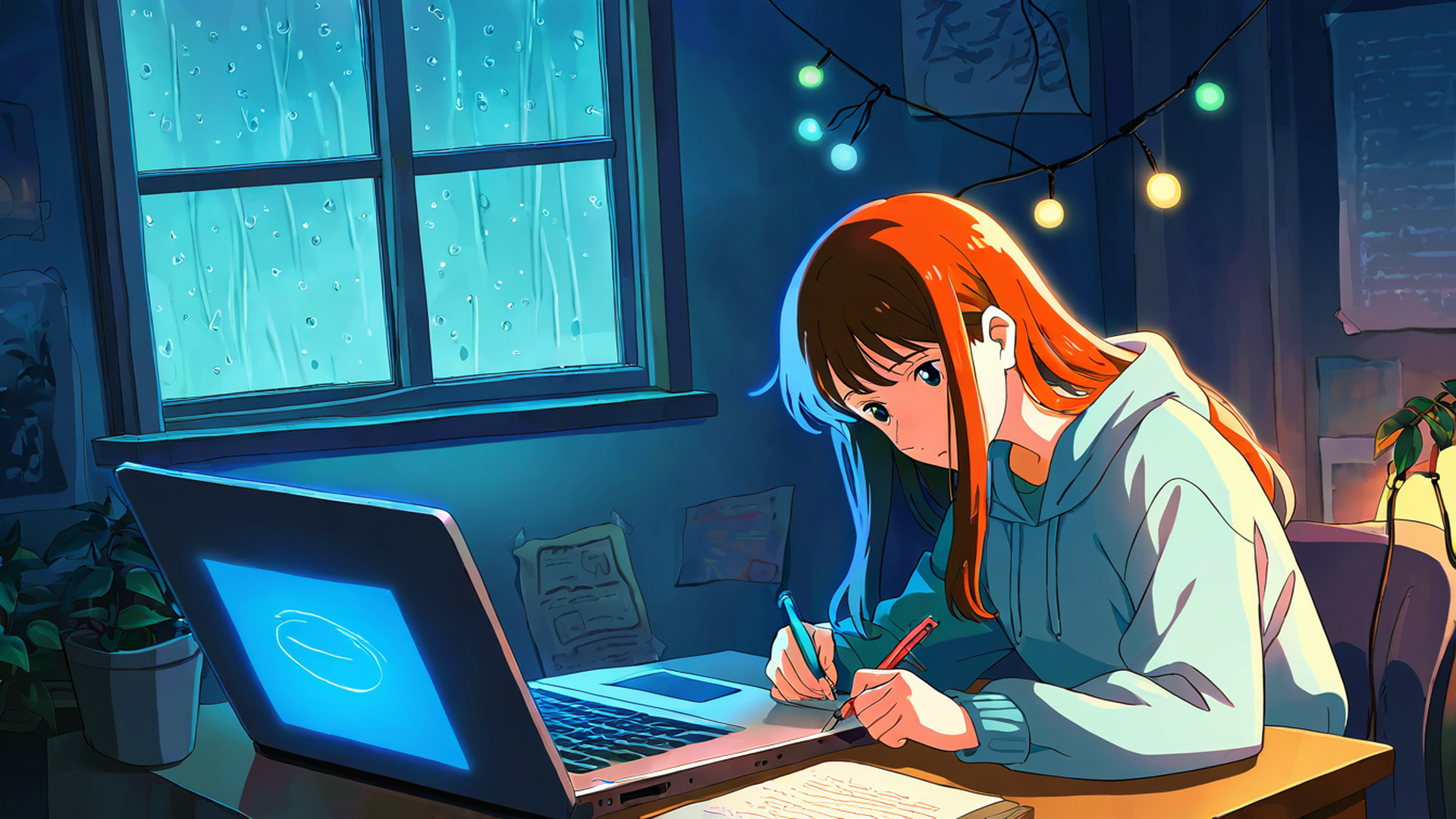 girl studying rainy window lofi wallpaper