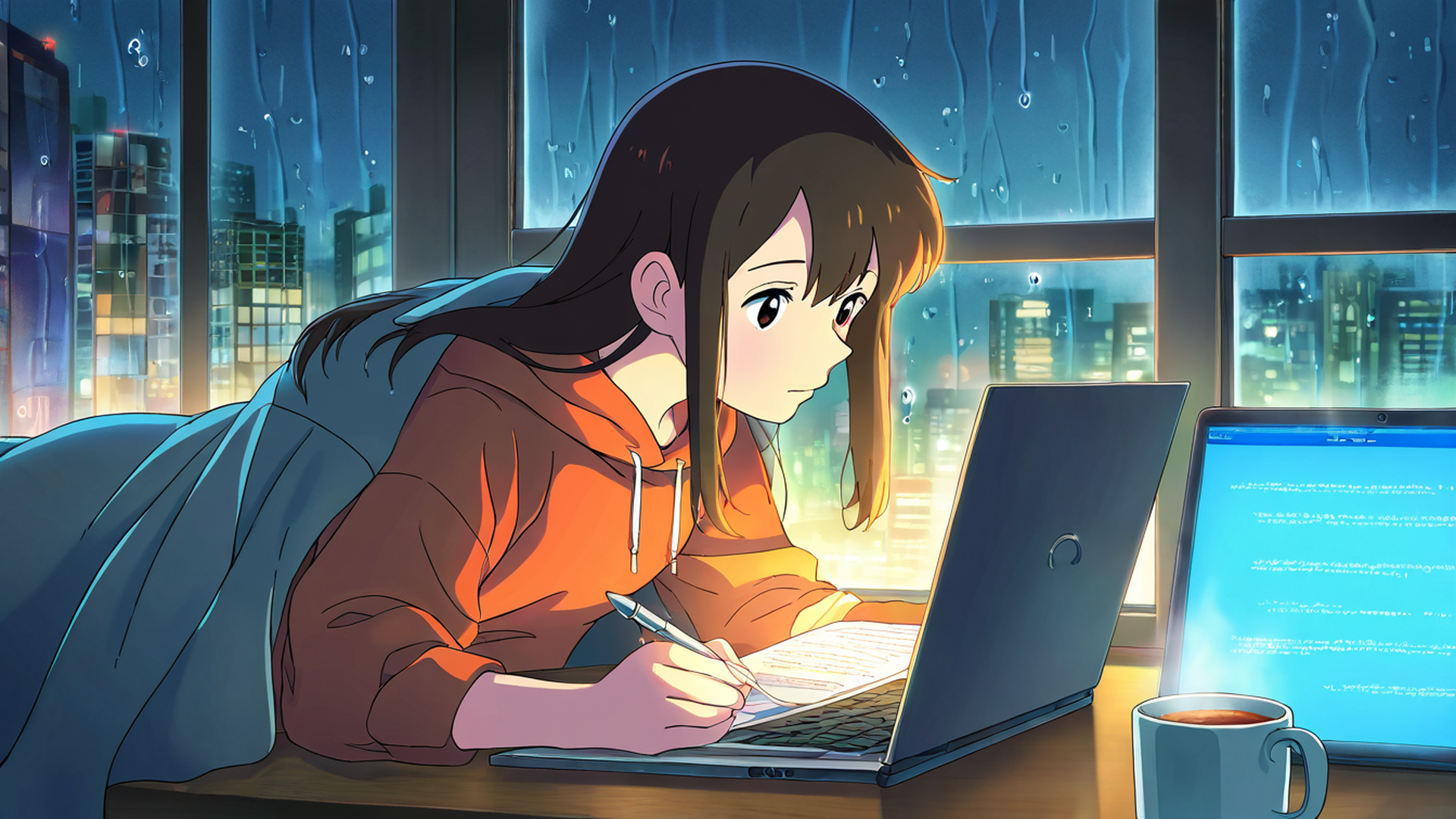 girl studying rainy window lofi wallpaper