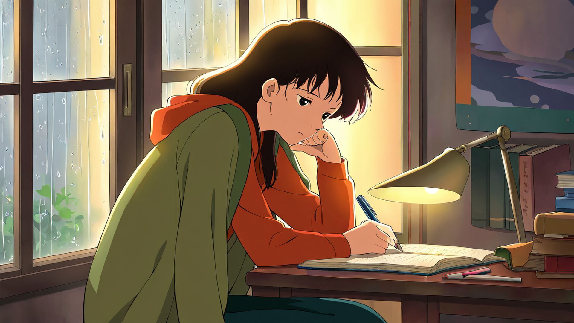girl studying rainy window lofi wallpaper