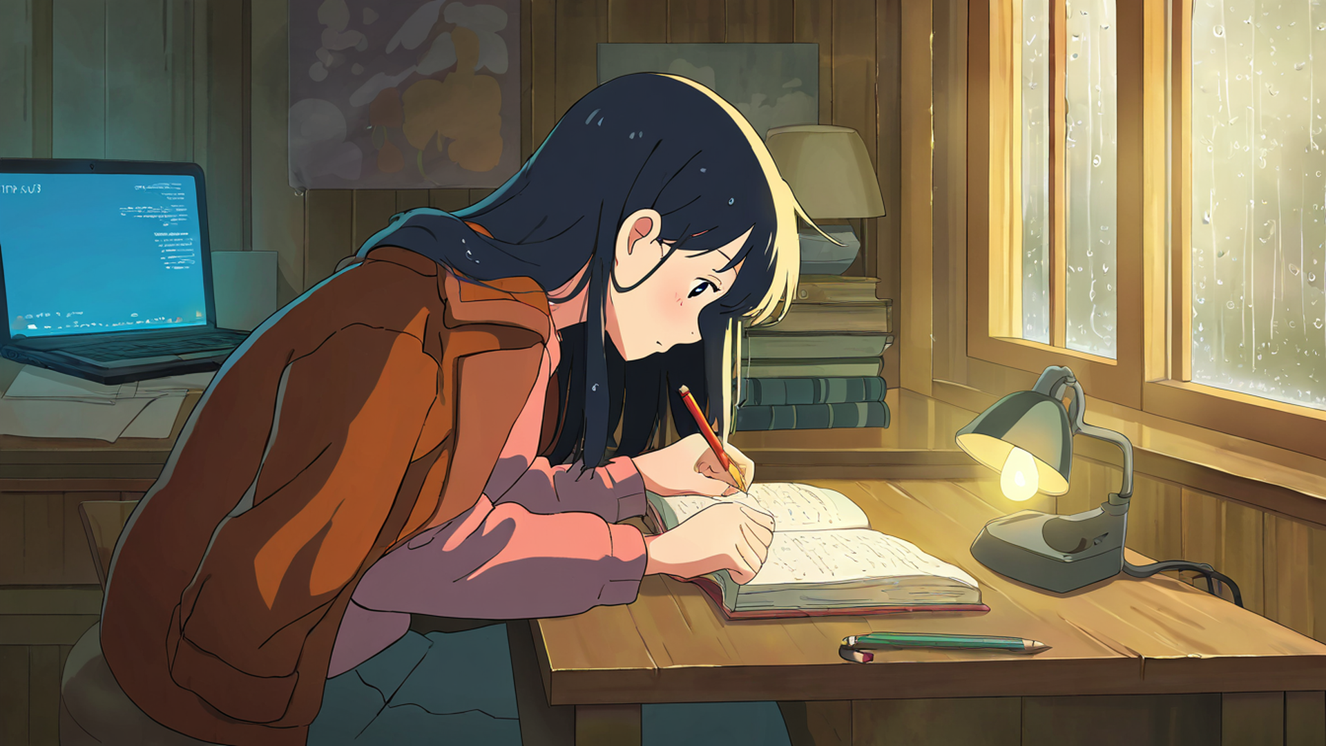 girl studying rainy window lofi wallpaper