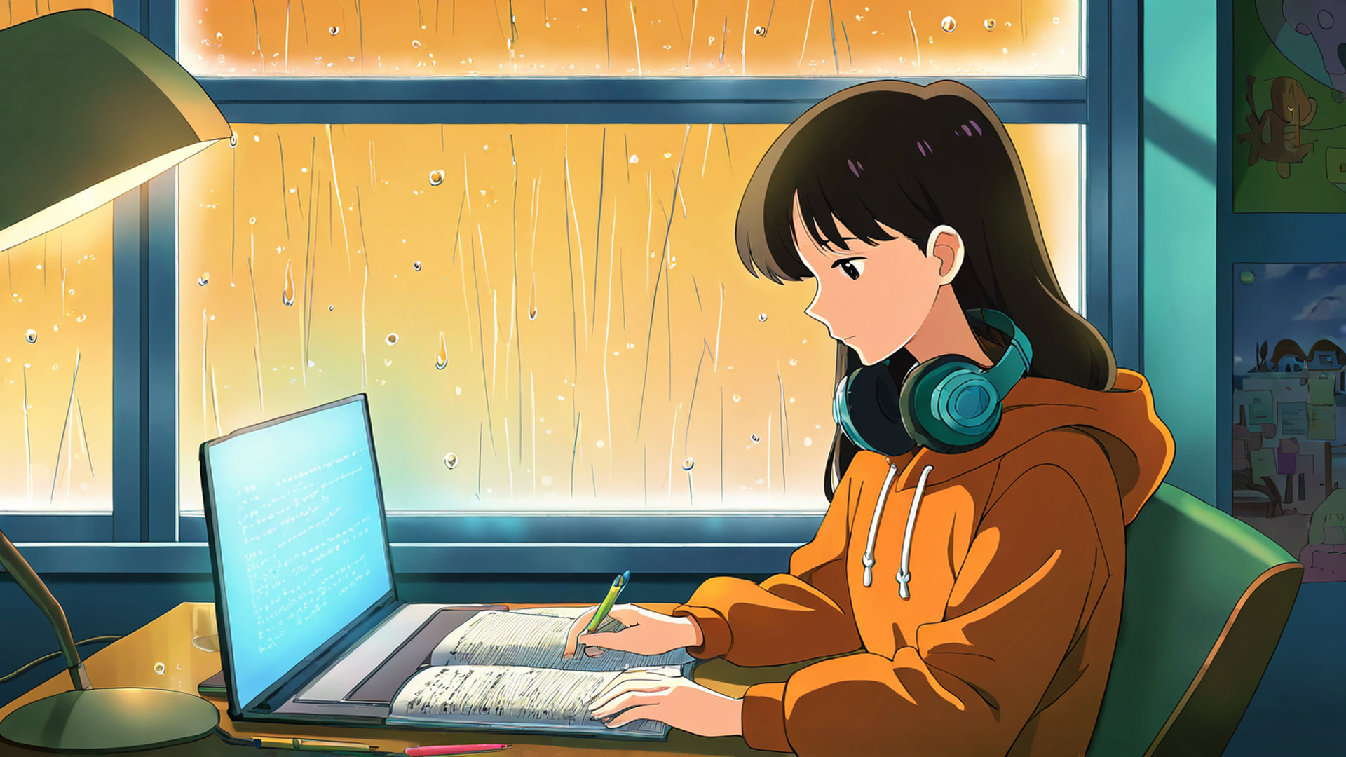 girl studying rainy window lofi wallpaper