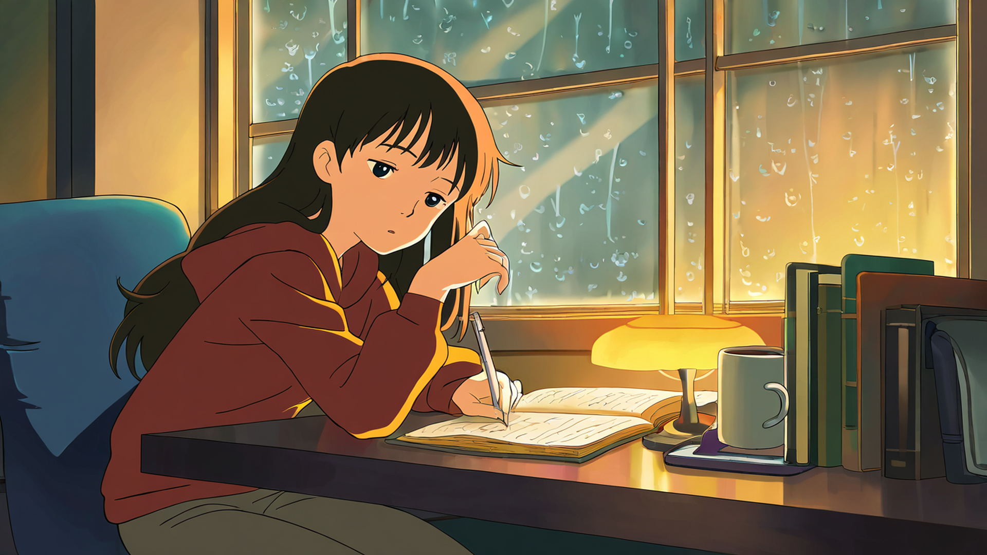 girl studying rainy window lofi wallpaper