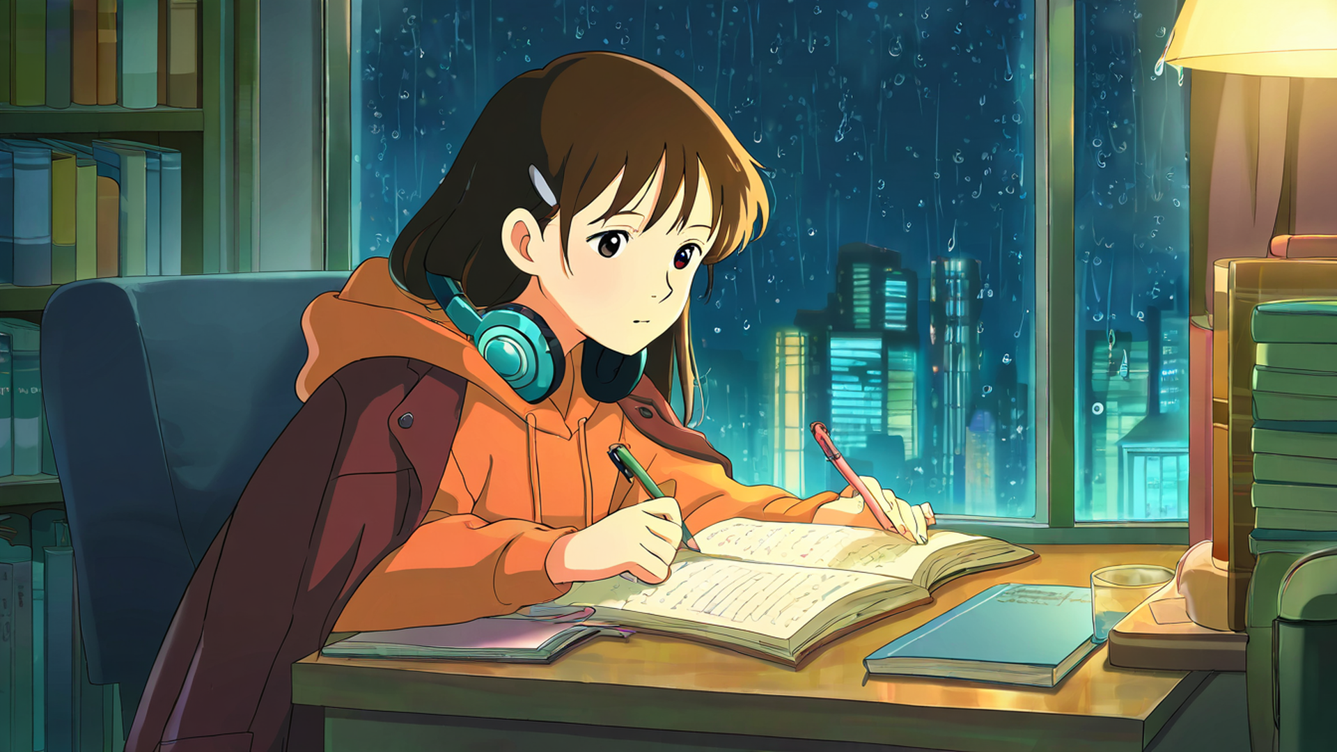 girl studying rainy window lofi wallpaper