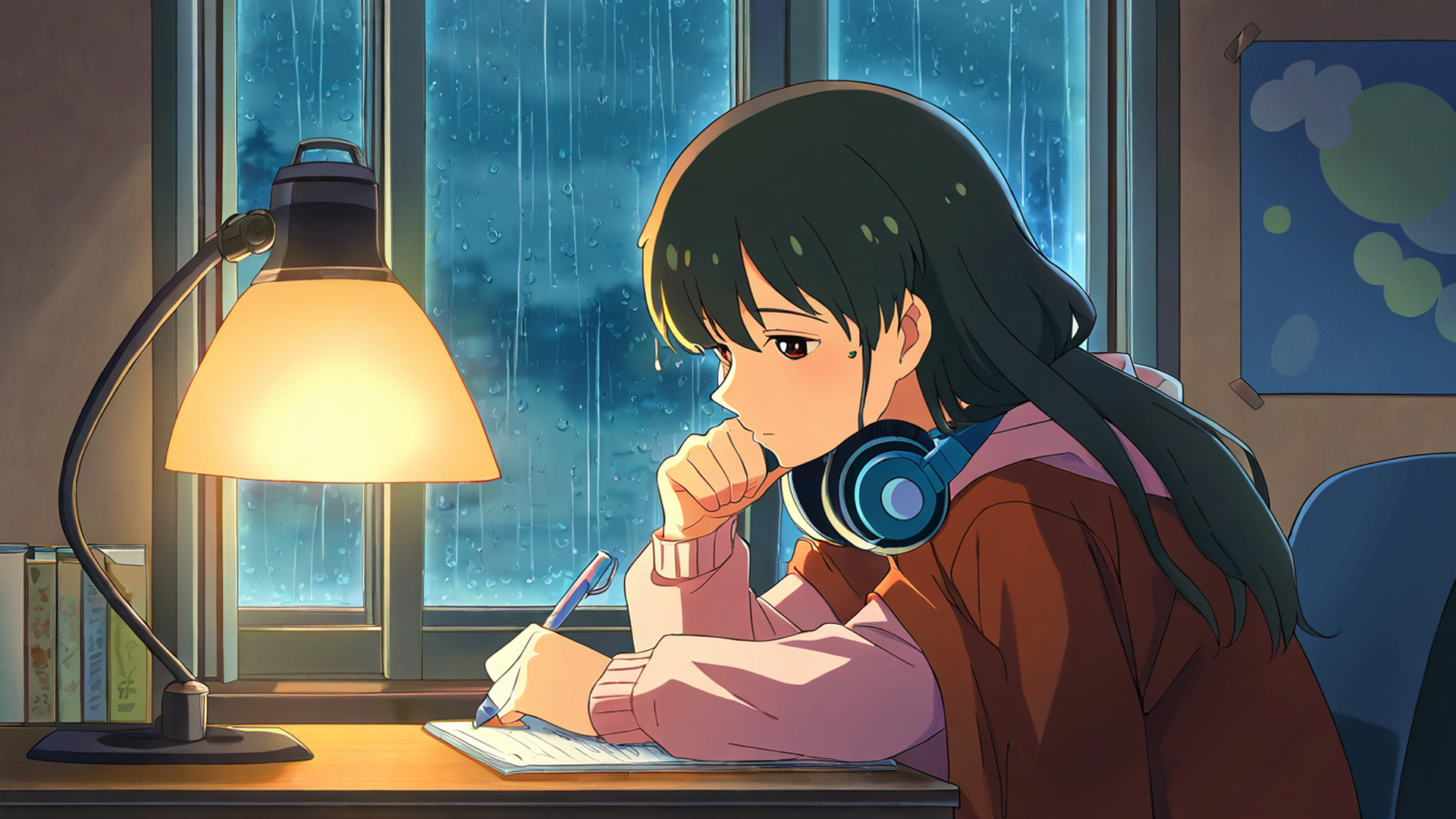 girl studying rainy window lofi wallpaper