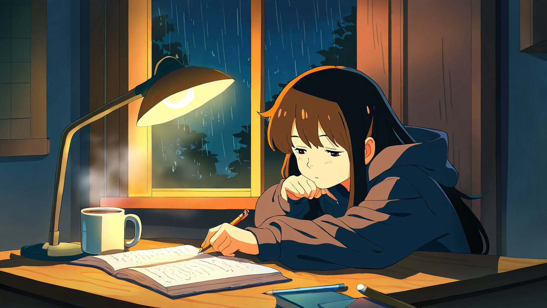 girl studying rainy window lofi wallpaper