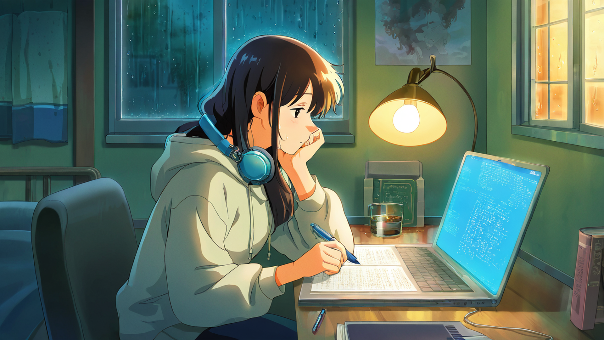 girl studying rainy window lofi wallpaper