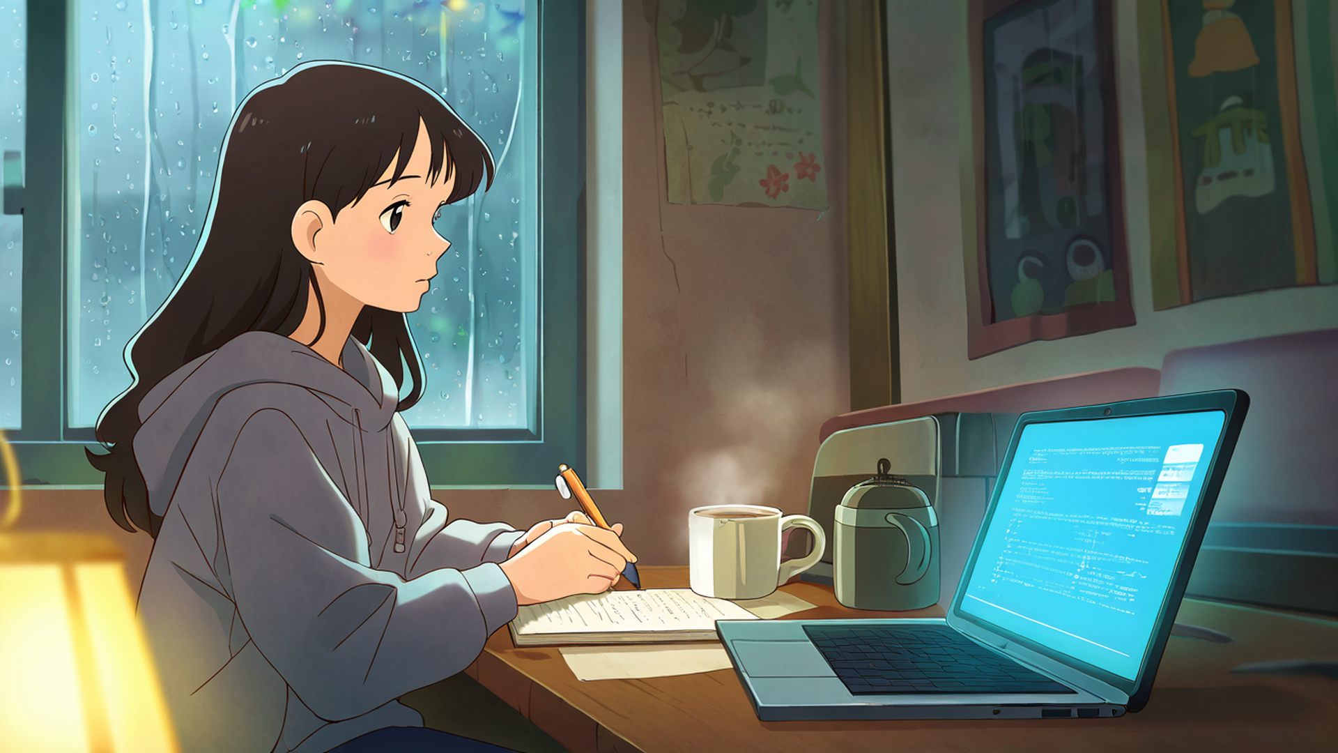 girl studying rainy window lofi wallpaper