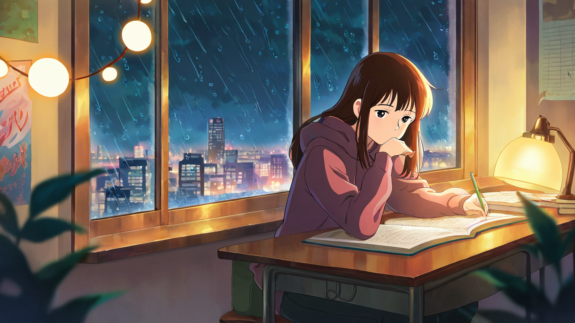 girl studying rainy window lofi wallpaper