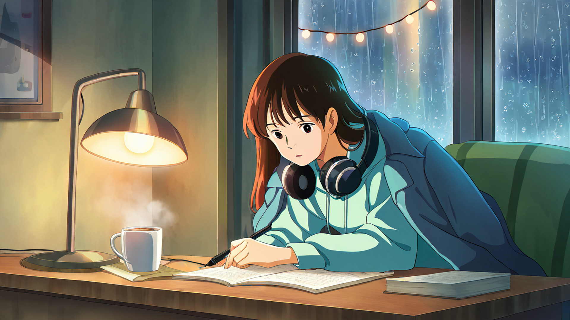 girl studying rainy window lofi wallpaper
