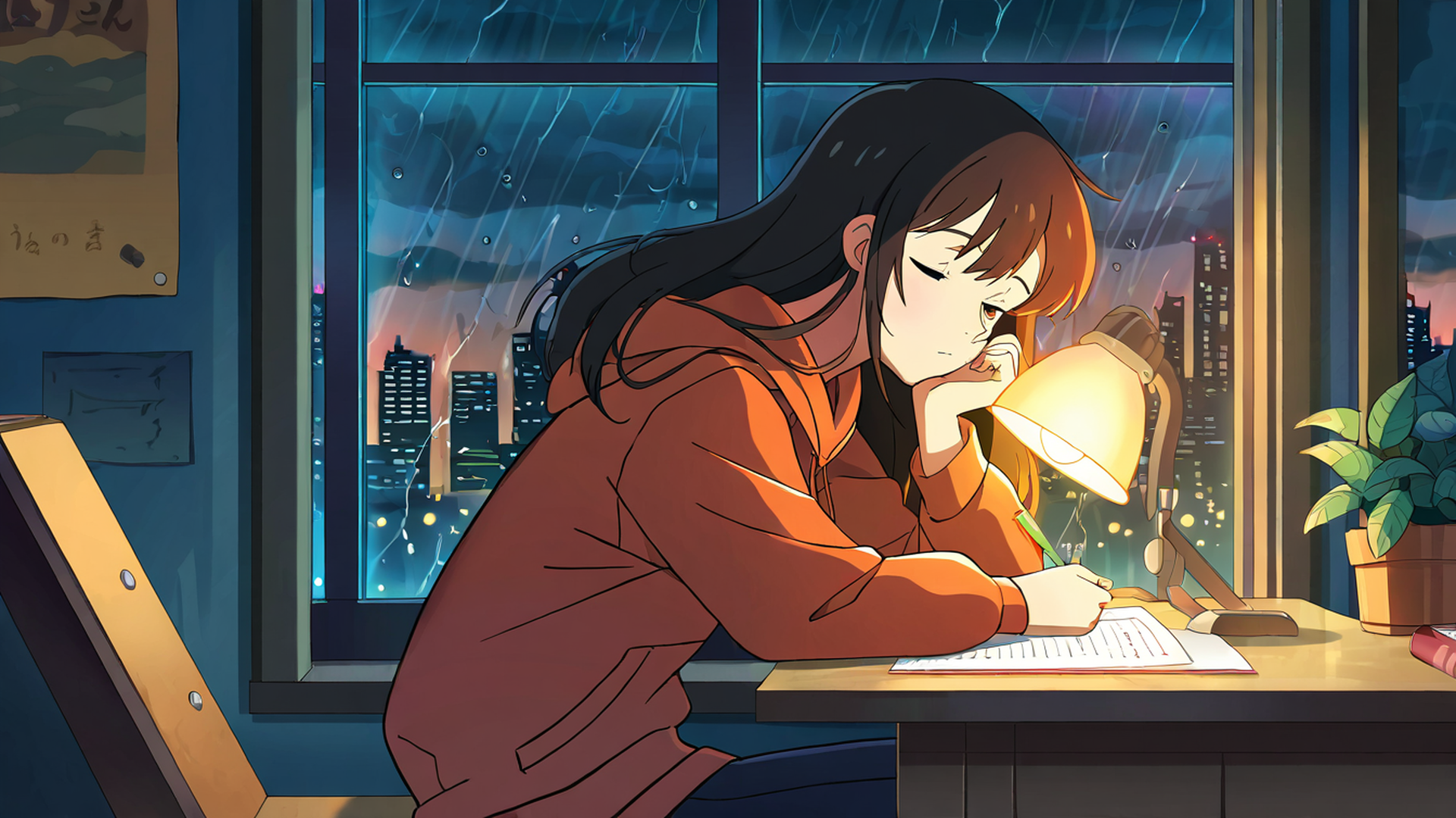 girl studying rainy window lofi wallpaper