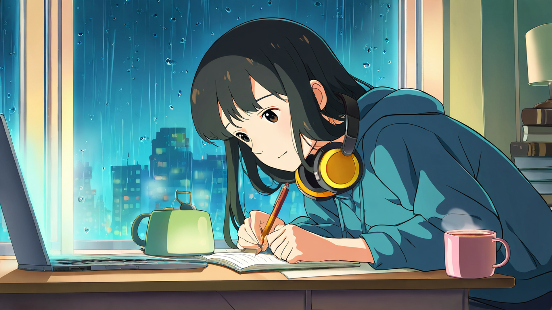 girl studying rainy window lofi wallpaper