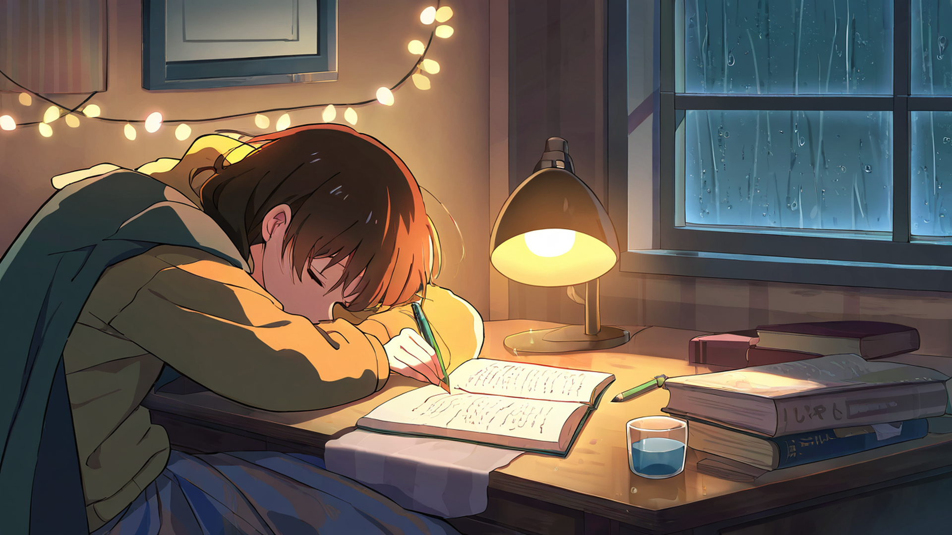 girl studying rainy window lofi wallpaper