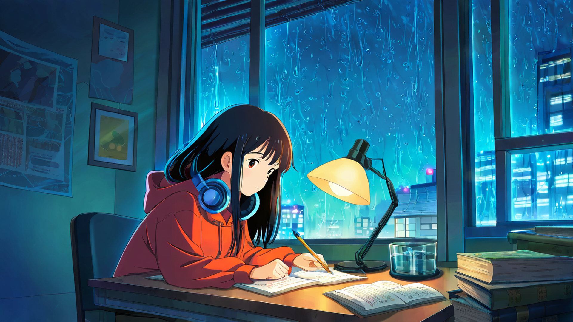 girl studying rainy window lofi wallpaper