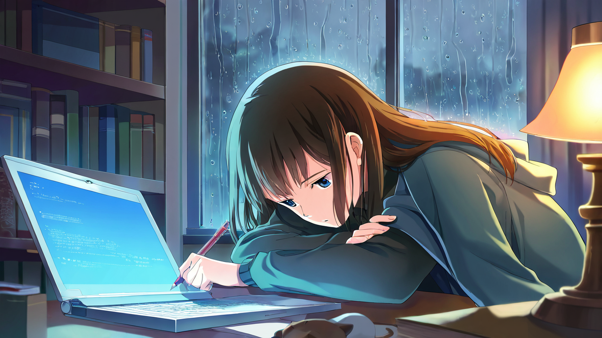 girl studying rainy window lofi wallpaper