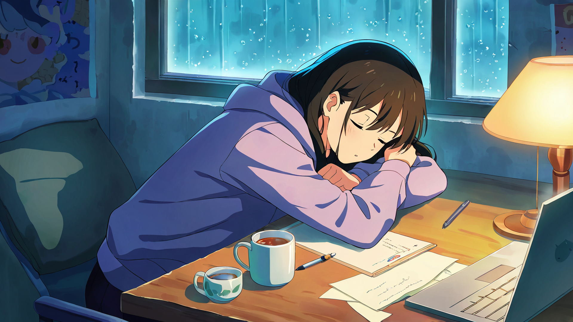 girl studying rainy window lofi wallpaper