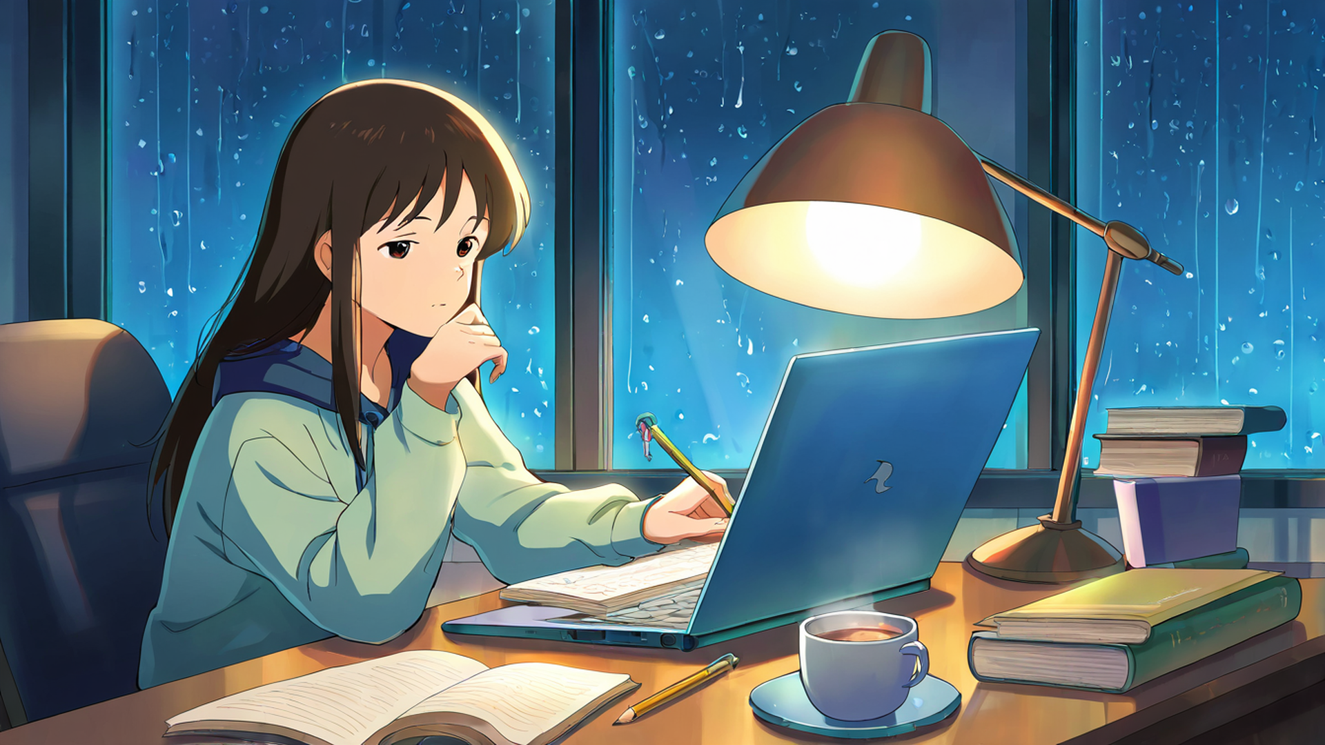 girl studying rainy window lofi wallpaper