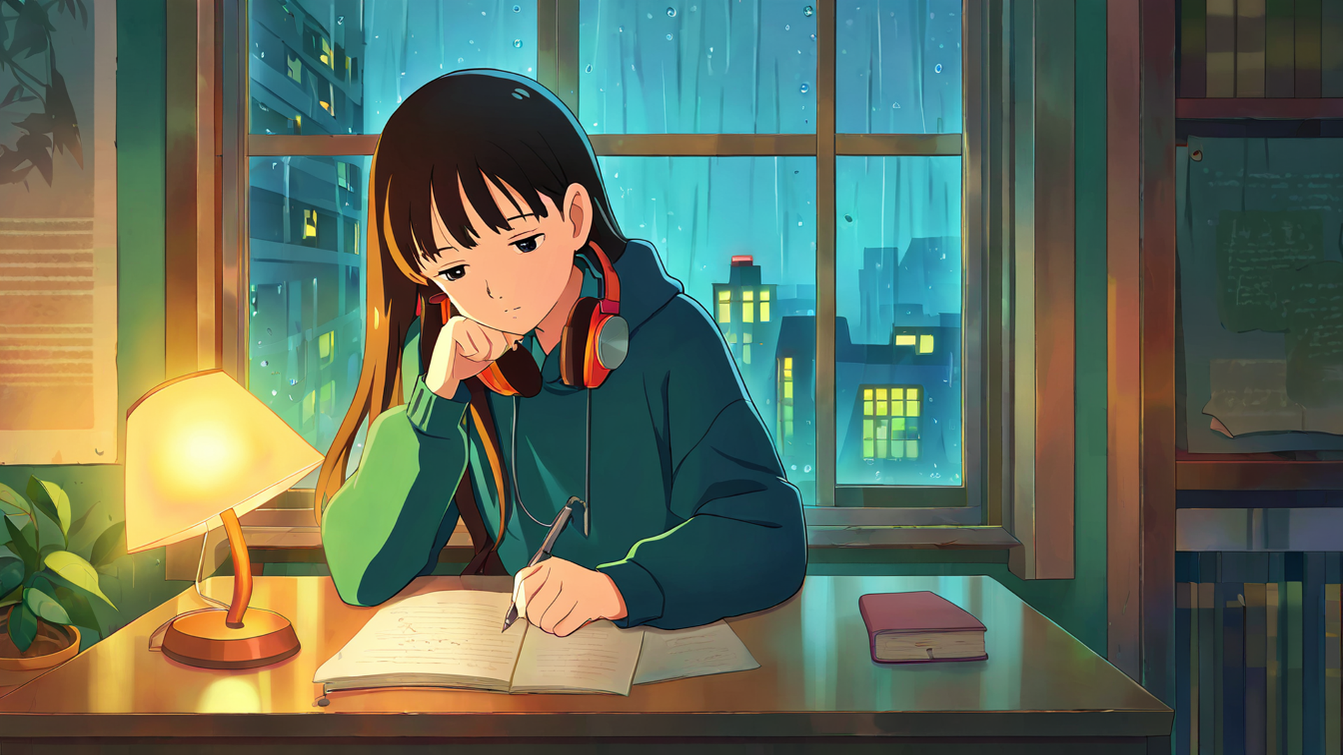 girl studying rainy window lofi wallpaper