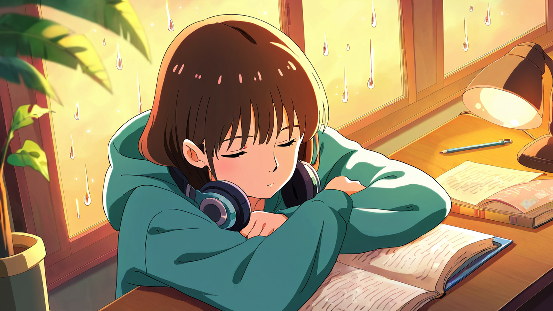 girl studying rainy window lofi wallpaper